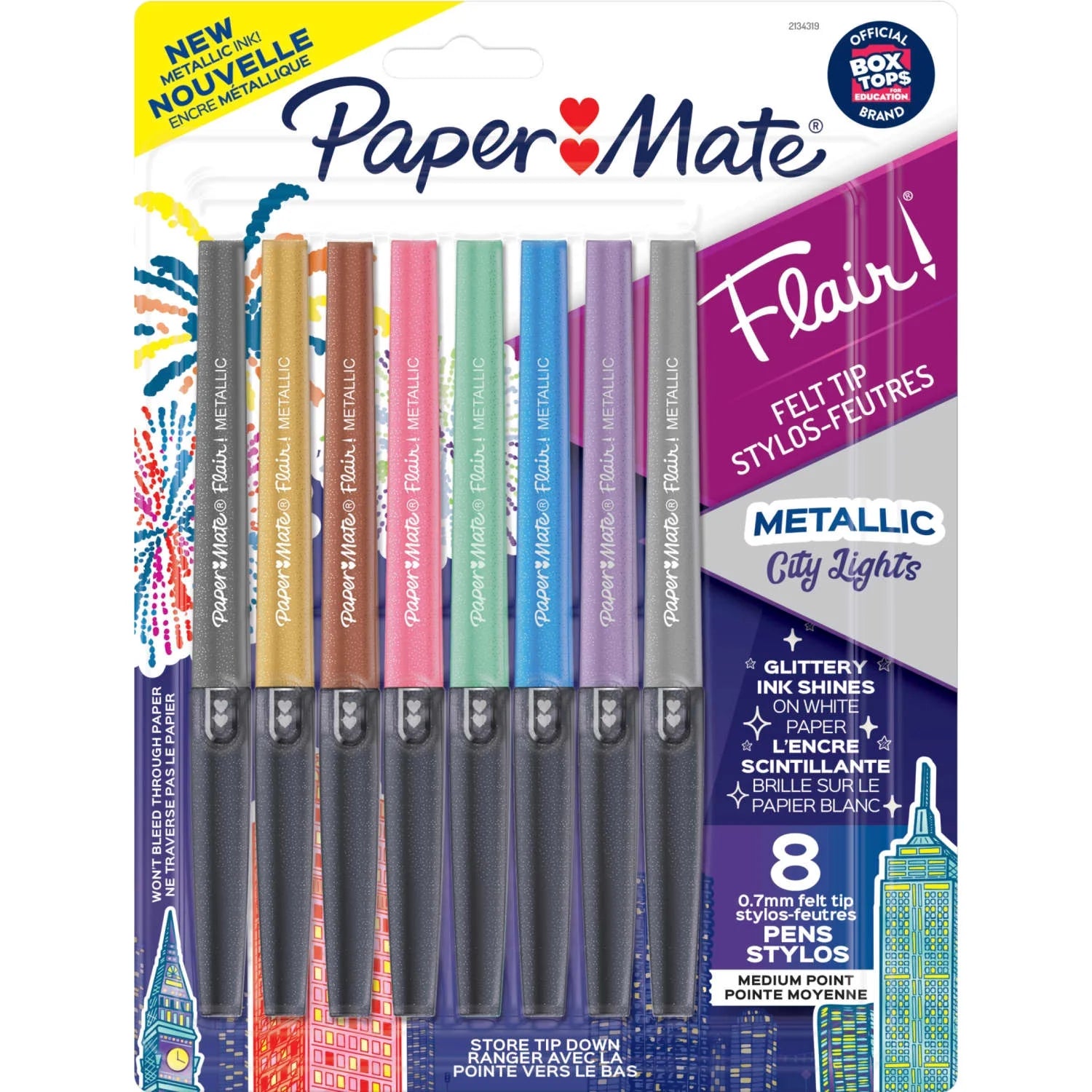Flair Pens, Metallic Felt Tip Pens, City Lights, Glittery Ink Shines on White Paper, Assorted Colors, 8 Count