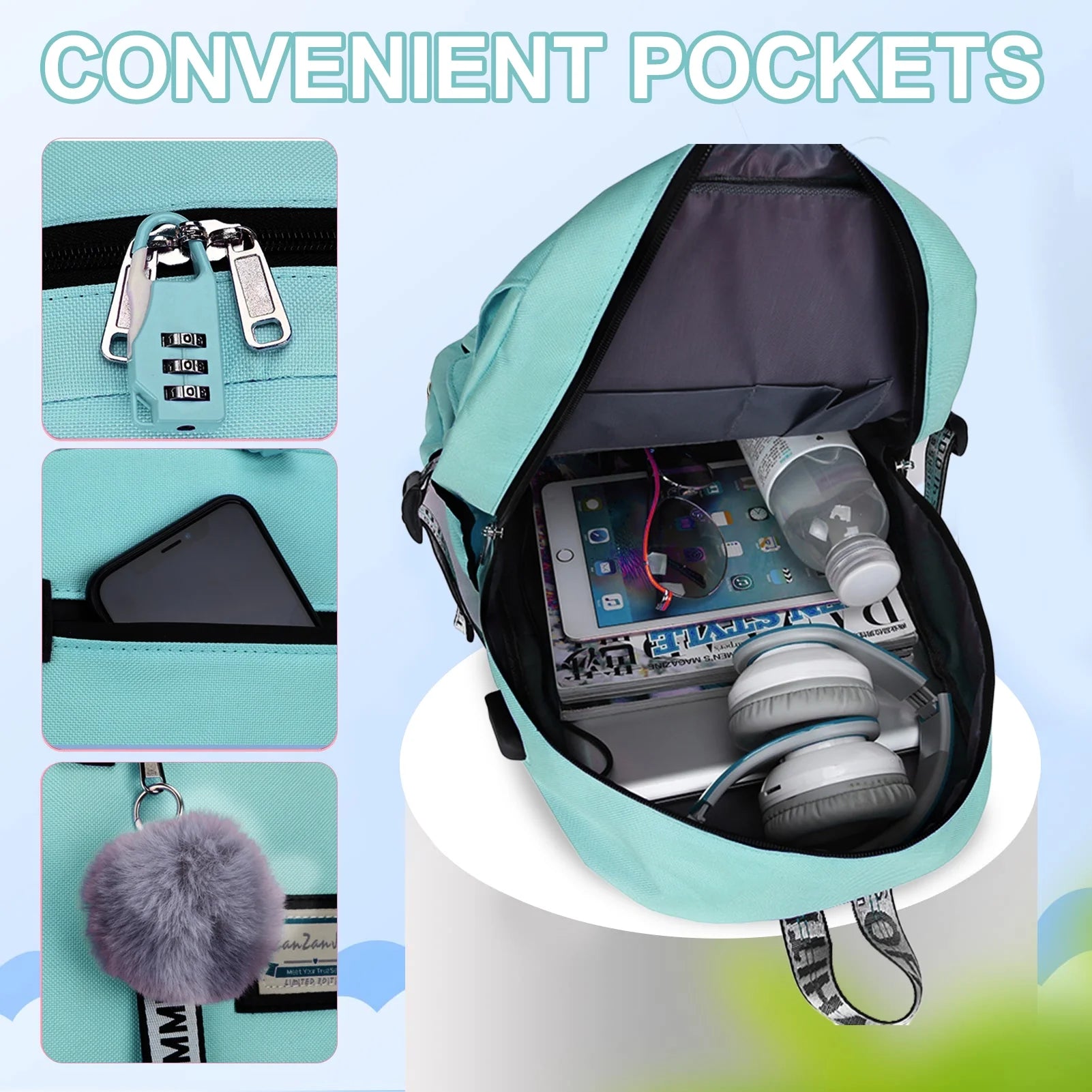 Fashion Teenage School Backpack Student Middle School Bag Men and Women Anti-Theft Laptop Backpack with USB Charging Port (Pink), One Size