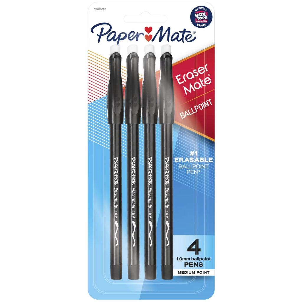Erasermate Erasable Pens, Ballpoint Pens, Medium Point (1.0Mm), Black, 4 Count