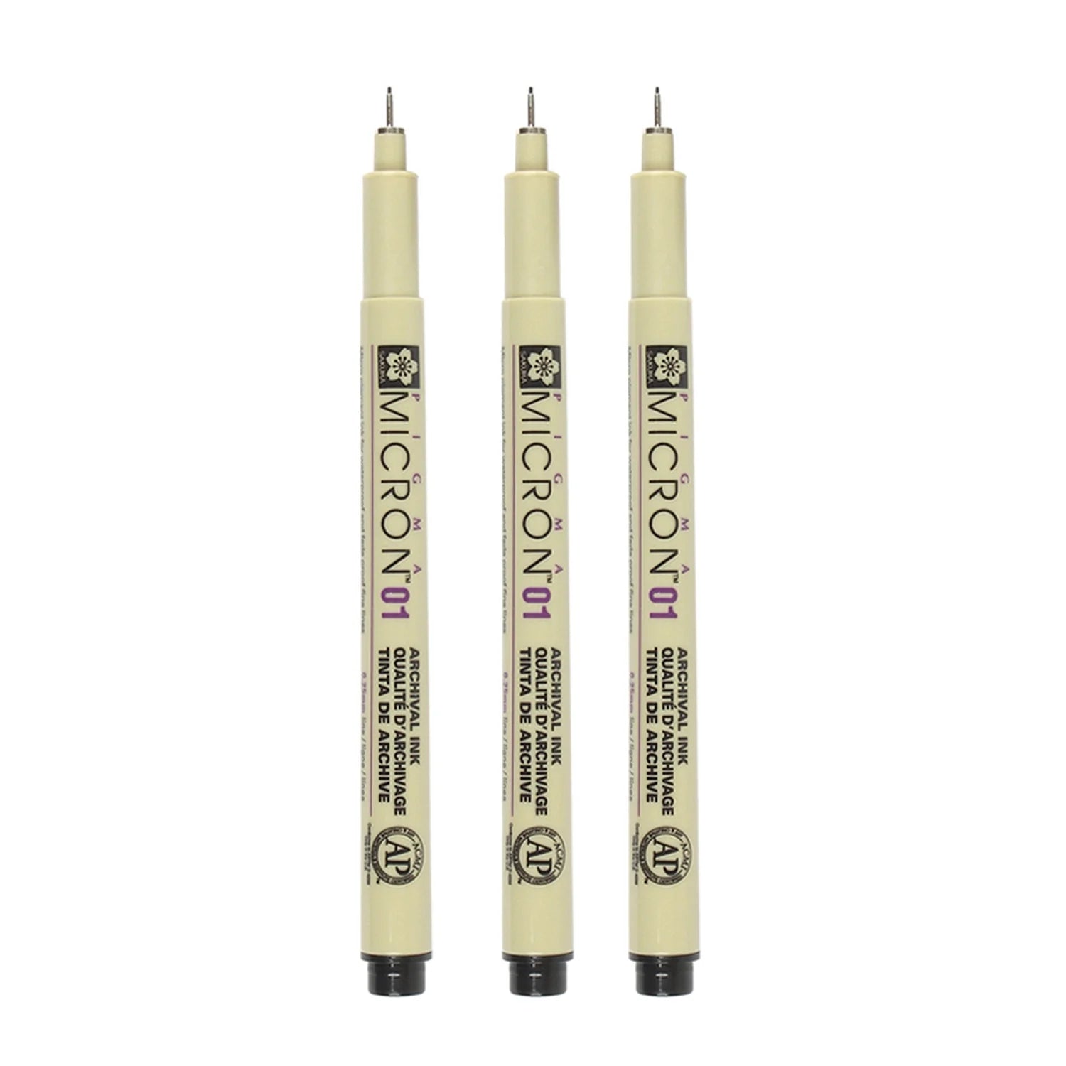 Sakura  Micron Fineliner Pens, Archival Black, 01 Tip Size, 3 Pk