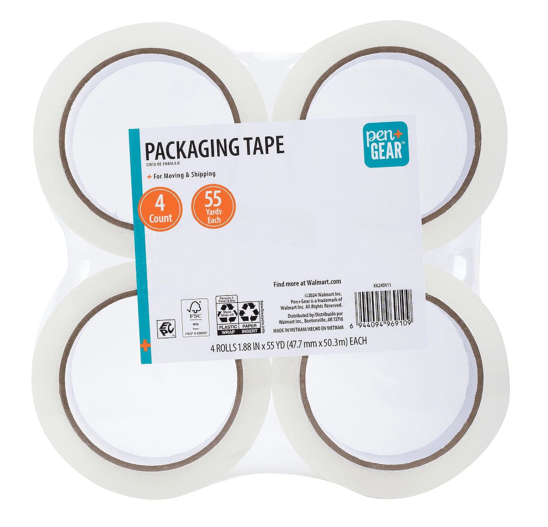 Packing Tape, Clear, 1.88 in X 55 Yds, 4 Rolls