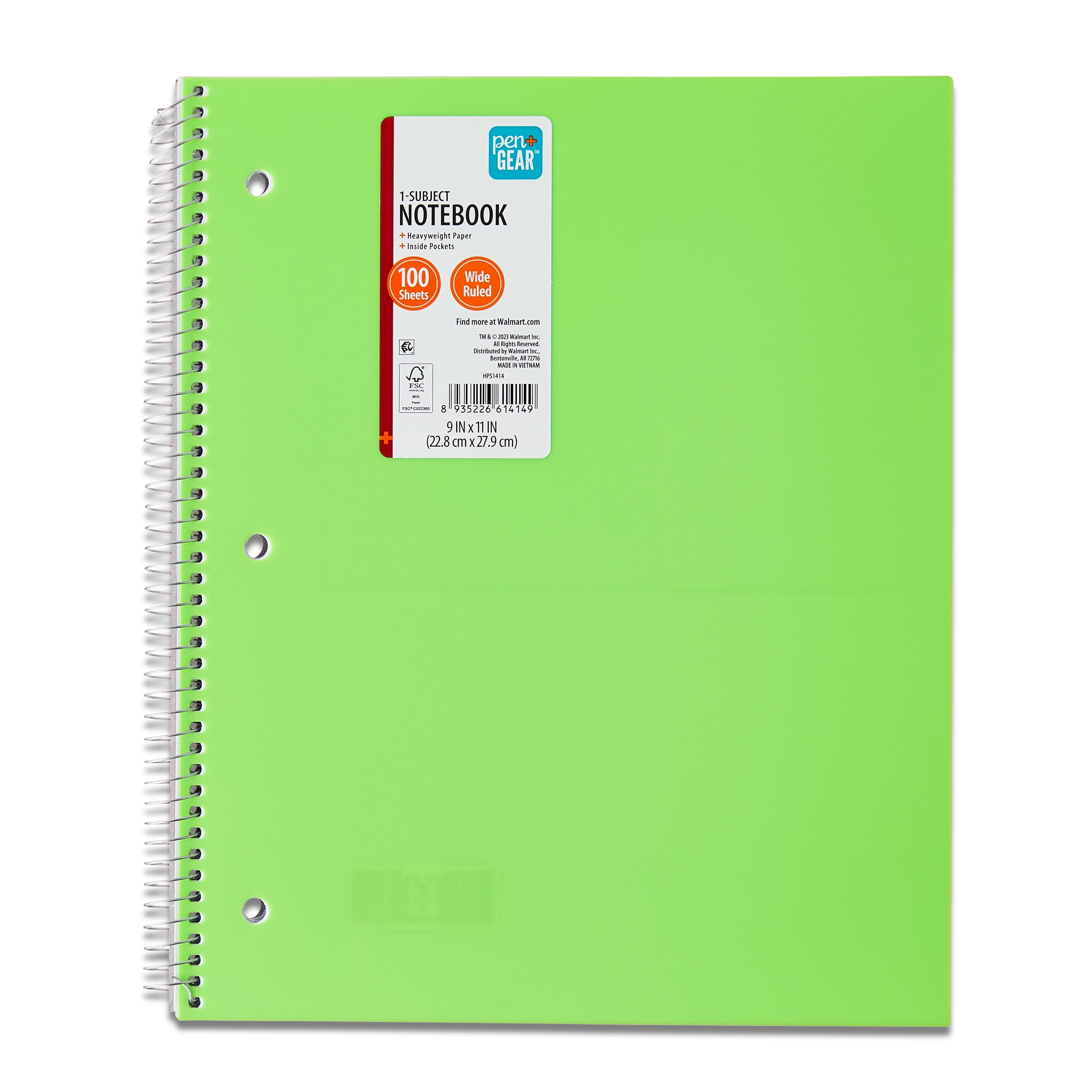 (4 Pack) Pen + Gear Wide Ruled 1-Subject Notebook with inside Pockets, 9" X 11", Green, 100 Heavyweight Sheets