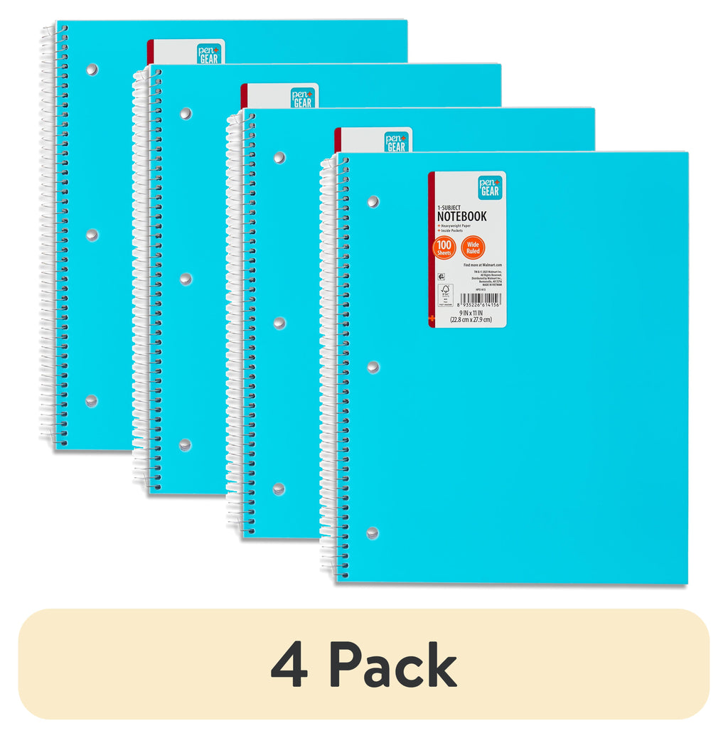 (4 Pack) Pen + Gear Wide Ruled 1-Subject Notebook, 10.5" X 8", Blue, 100 Sheets
