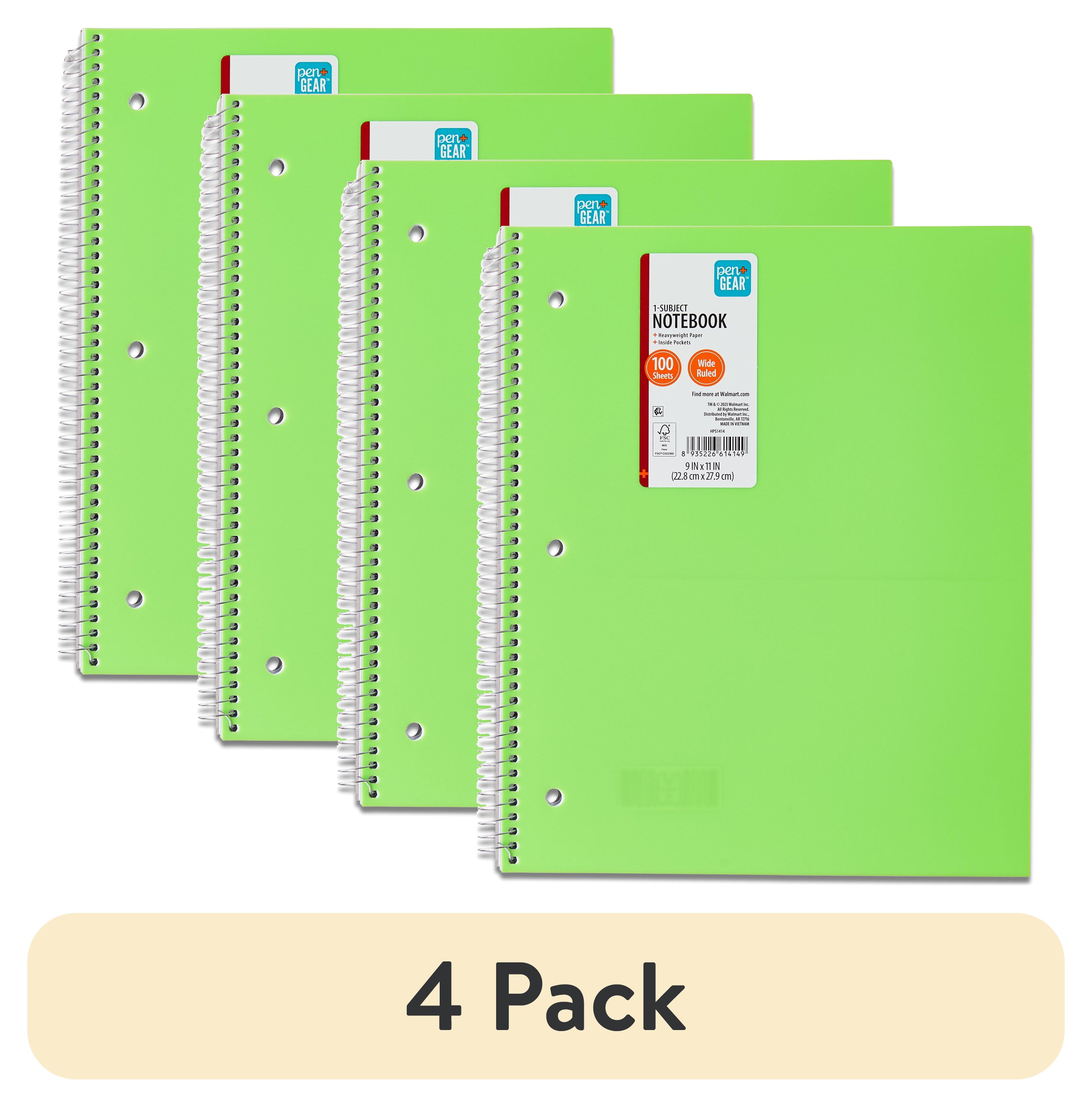 (4 Pack) Pen + Gear Wide Ruled 1-Subject Notebook with inside Pockets, 9" X 11", Green, 100 Heavyweight Sheets