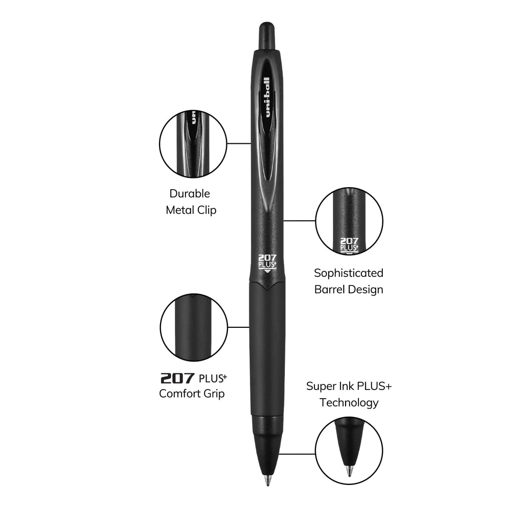 (4 Pack)  207 Plus+ Retractable Gel Pens, Micro Point (0.5Mm), Black Barrel, Black Ink, 4 Count