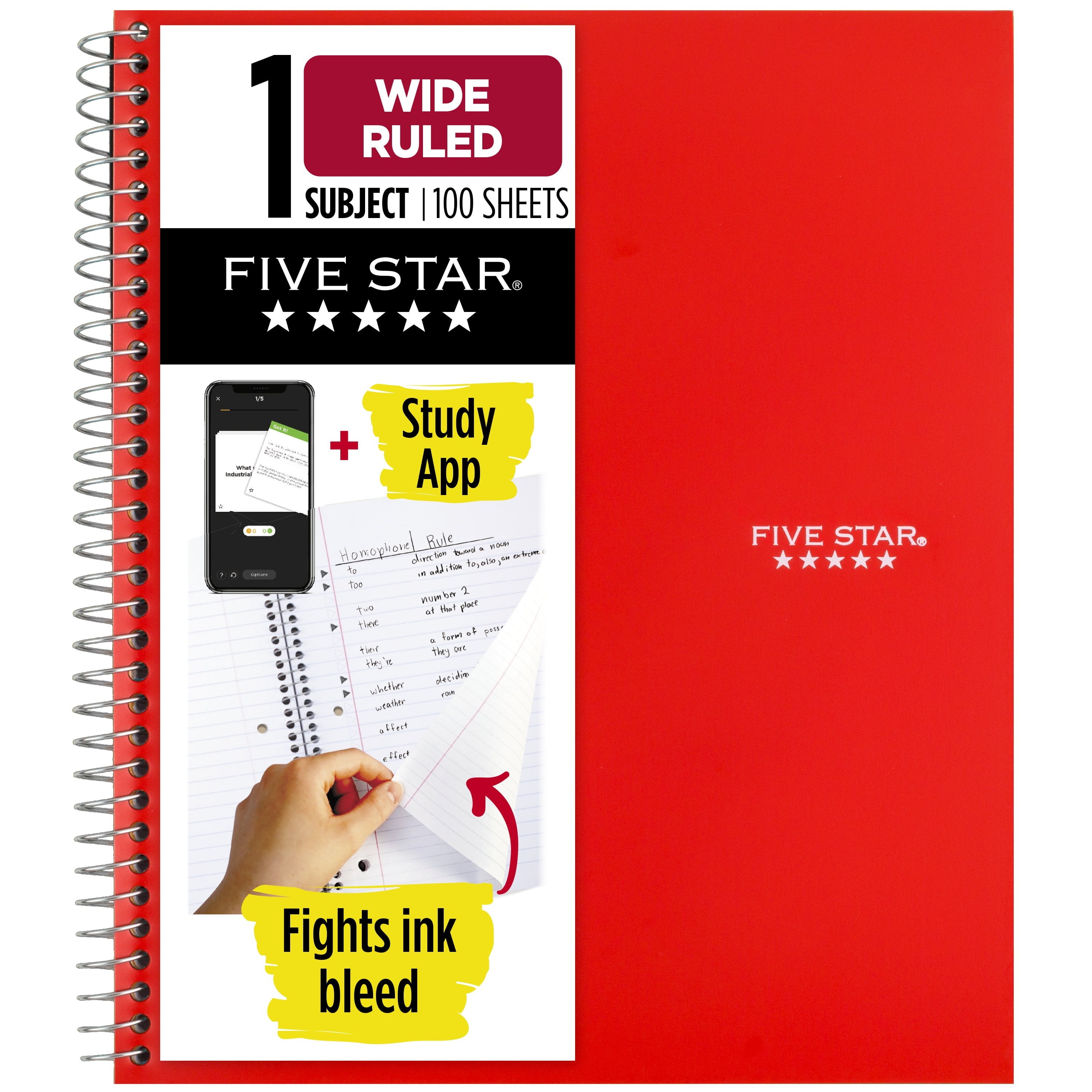 (2 Pack)  1 Subject Wide Ruled Notebook plus Study App, 8" X 10.5", Fire Red, Poly, Spiral, 100 Sheets