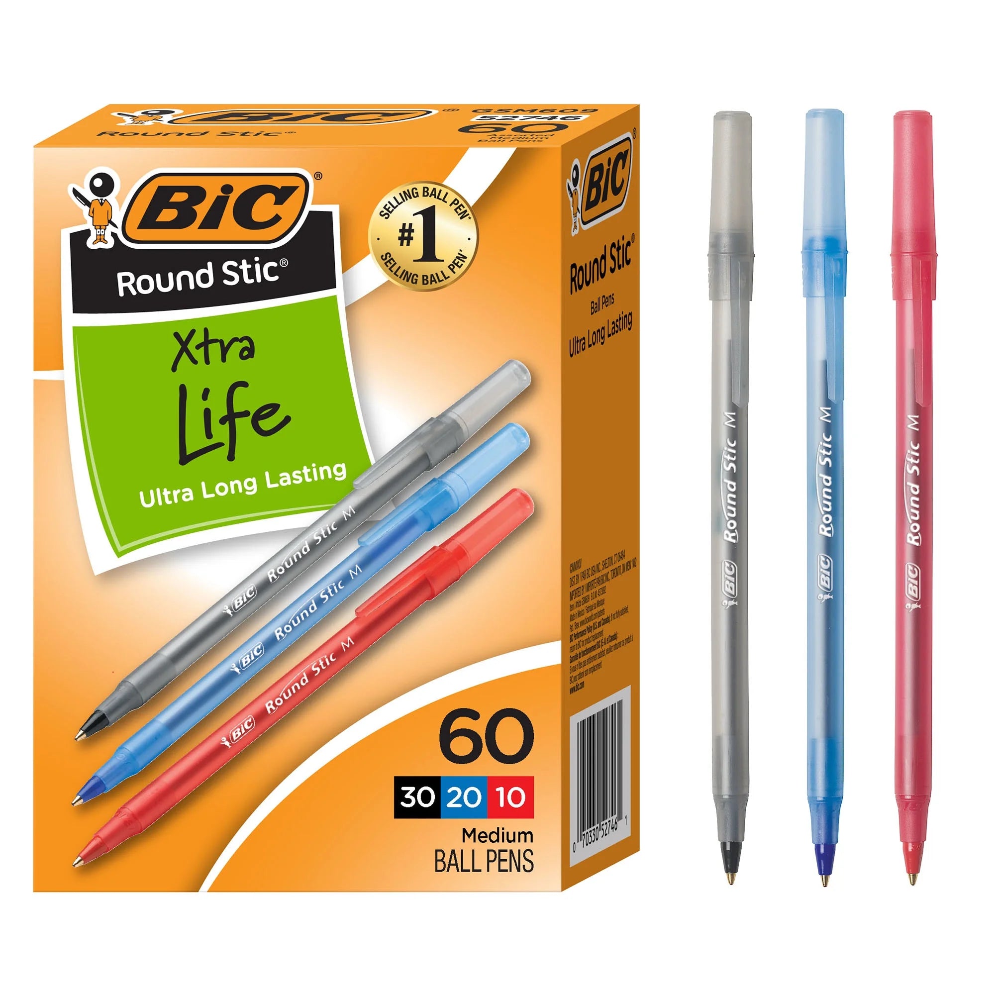 round Stic Xtra Life Assorted Ink Ballpoint Pens, Medium Point, 1.0Mm, 60 Count