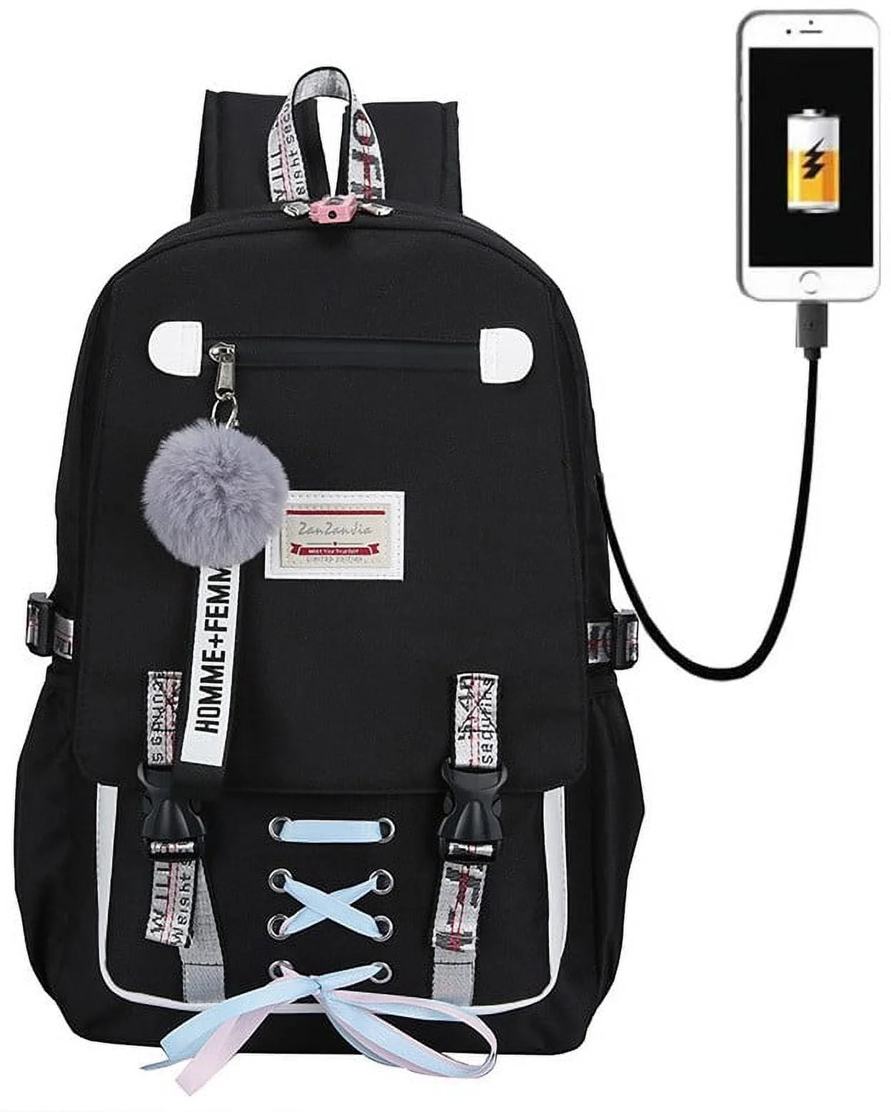 Fashion Teenage Backpack Student Middle School Bag Men and Women Anti-Theft Laptop Backpack with USB Charging Port (Black), One Size