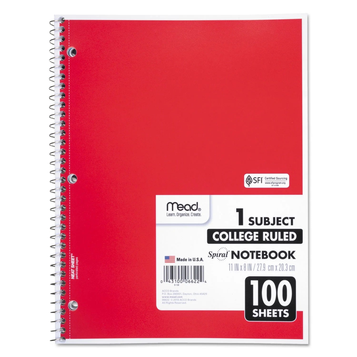Spiral Bound Notebook, Perforated, College Rule, 11 X 8, White, 100 Sheets
