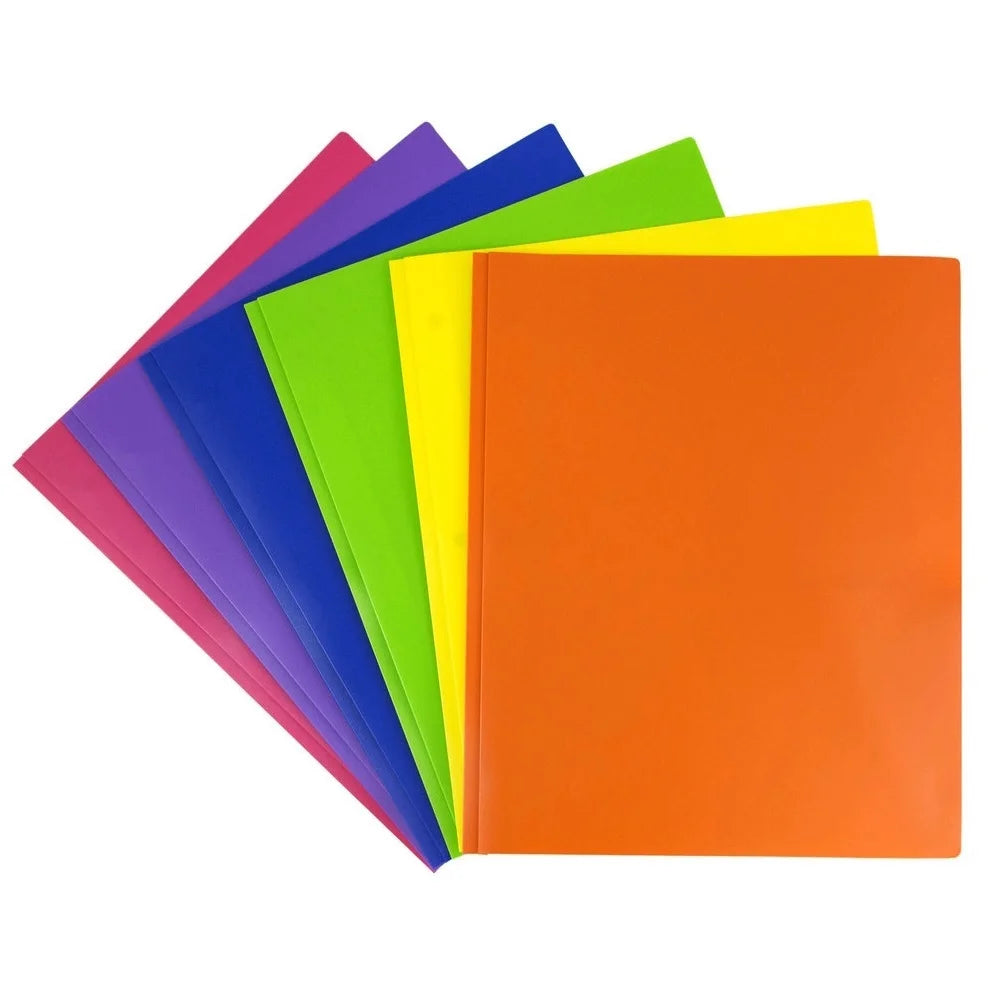 Plastic 2 Pocket School Prong Folders, 9.5 X 11.75, Assorted Primary Colors, 6/Pack
