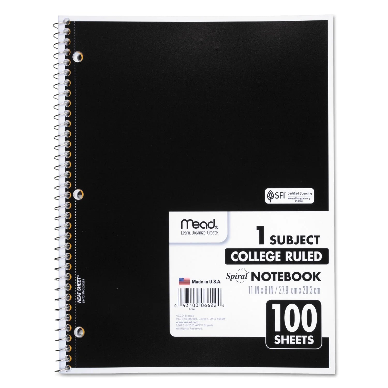 Spiral Bound Notebook, Perforated, College Rule, 11 X 8, White, 100 Sheets