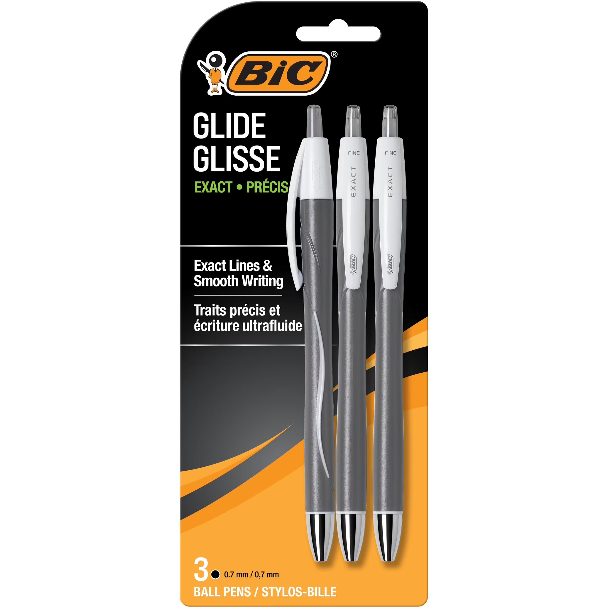 Glide Exact Retractable Ballpoint Pens, Fine Point, 0.7 Mm, Black Ink, 3 Count