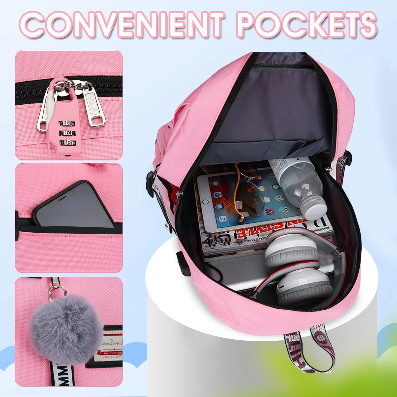 Fashion Teenage School Backpack Student Middle School Bag Men and Women Anti-Theft Laptop Backpack with USB Charging Port (Pink), One Size