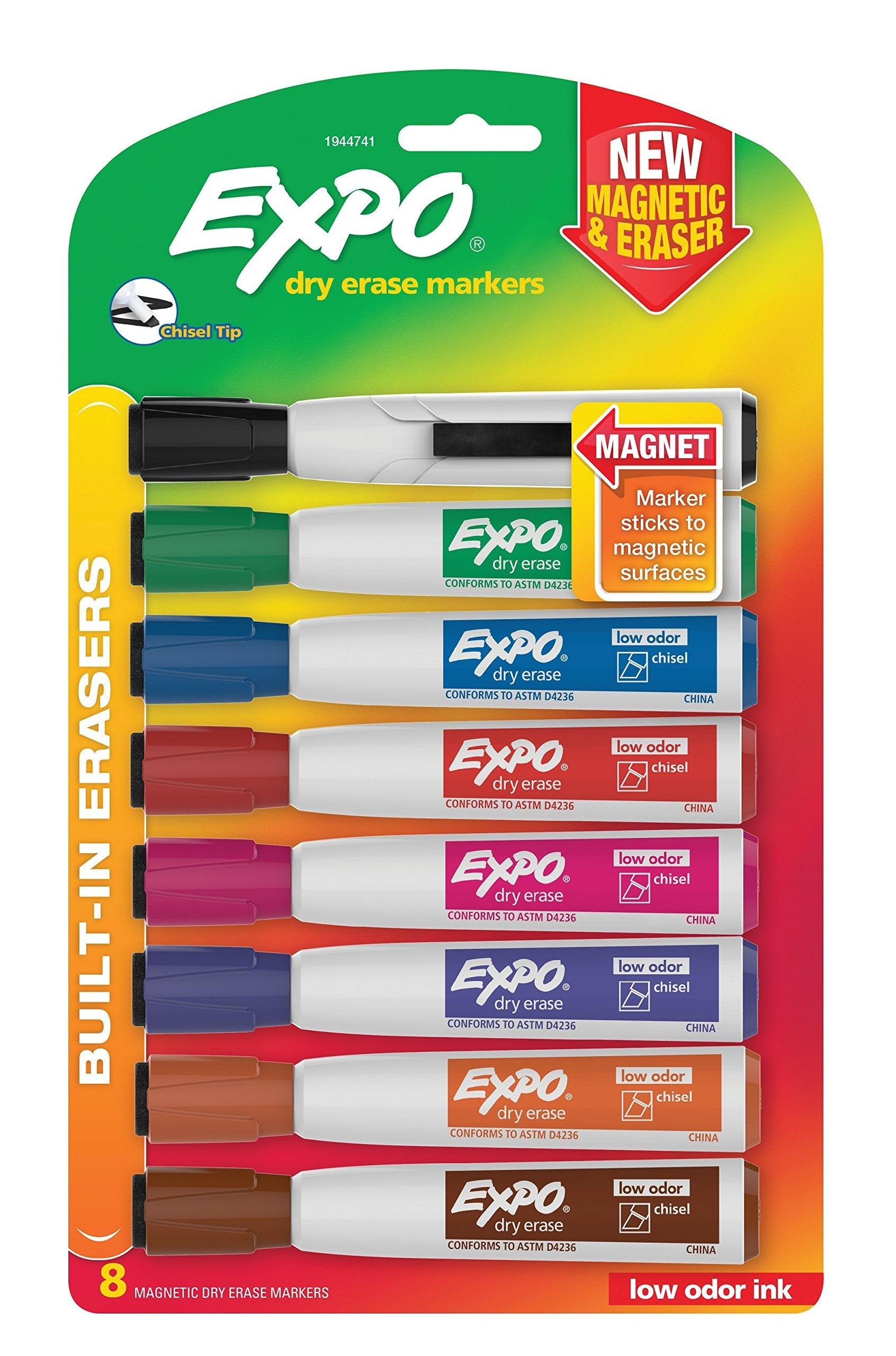 EXPO Magnetic Dry Erase Markers with Eraser, Chisel Tip, Assorted, 8