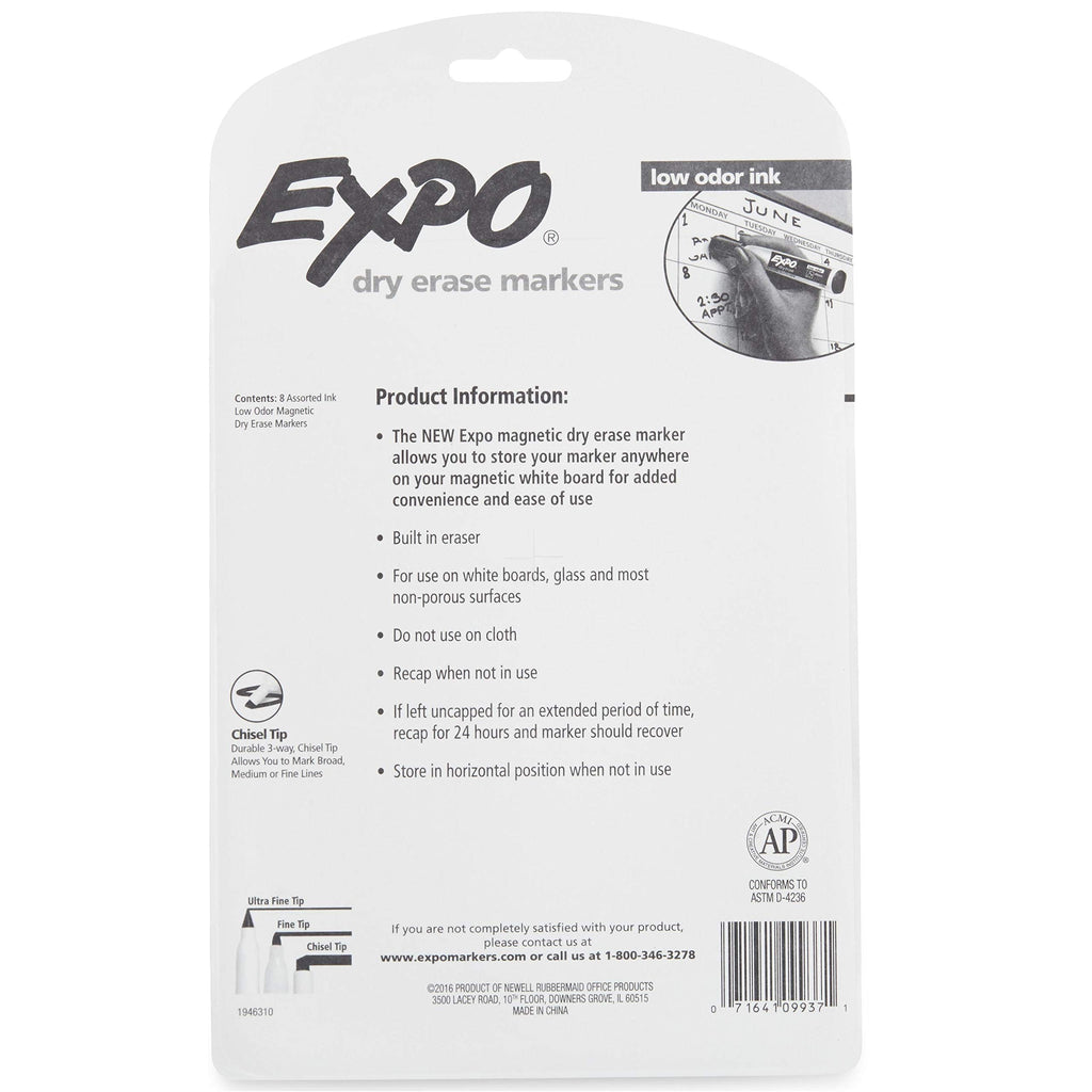 EXPO Magnetic Dry Erase Markers with Eraser, Chisel Tip, Assorted, 8