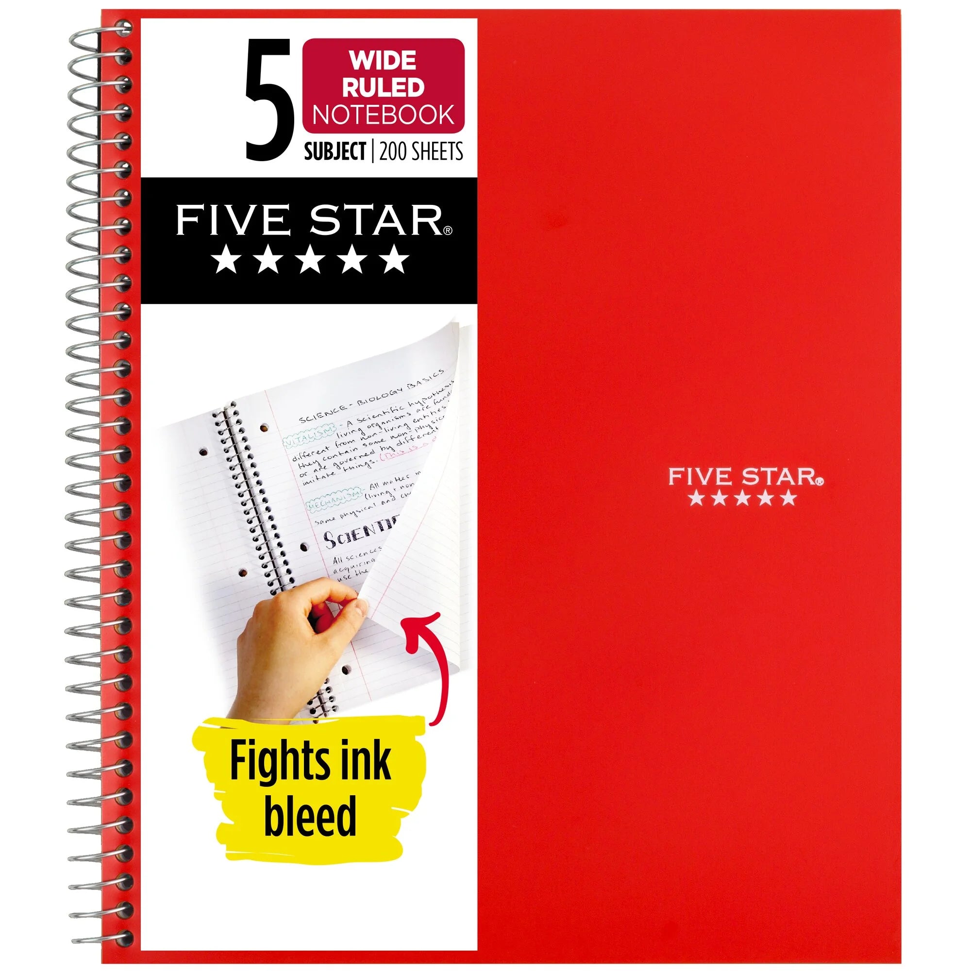 Spiral Notebook + Study App, 5 Subject, Wide Ruled, 8" X 10.5", Fire Red