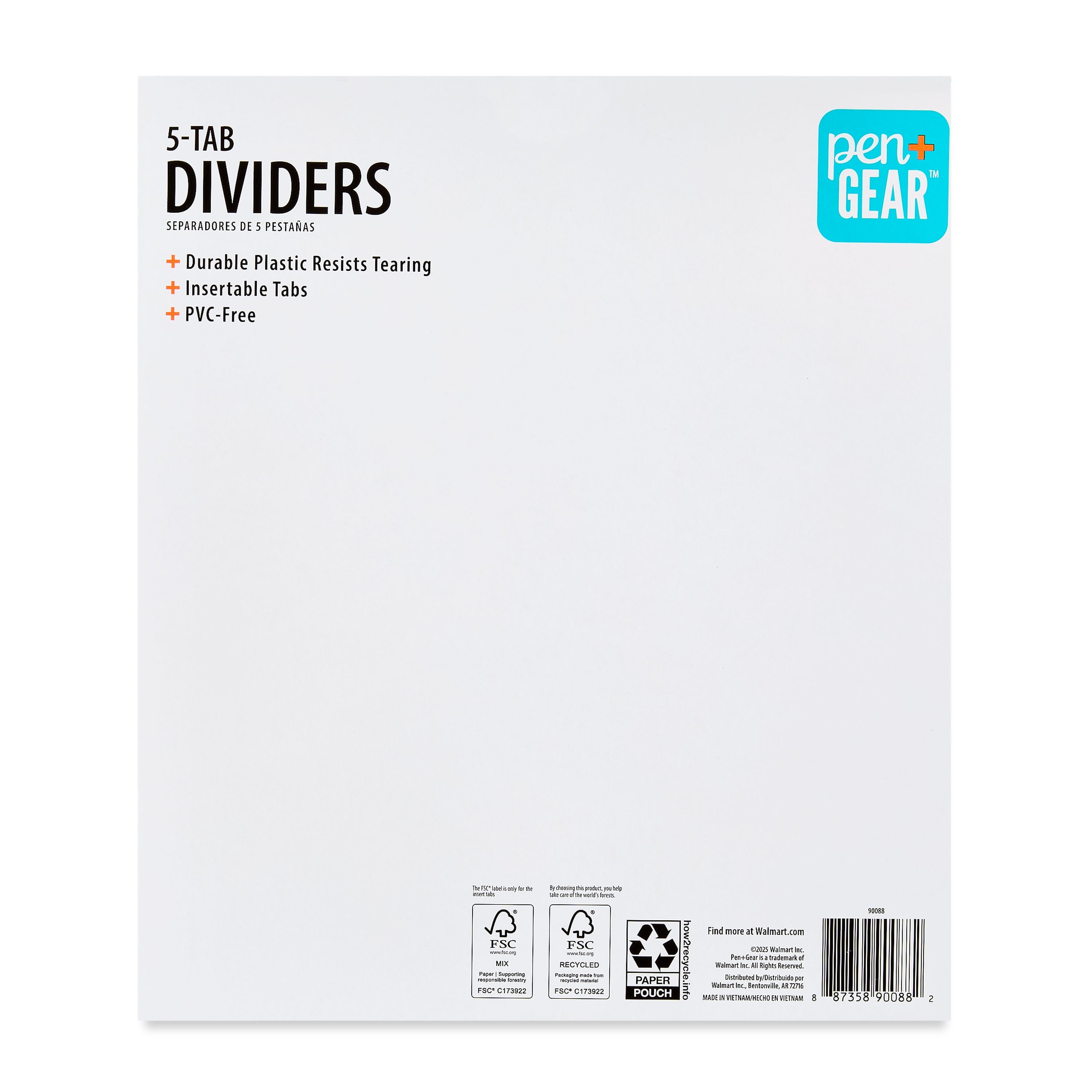 (4 Pack)  5-Tab Durable Dividers without Pockets, 8.5" X 11"