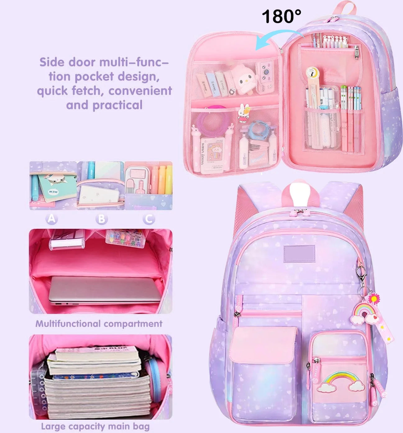 School Bag Backpacks for Girls,Shoulder Children School Bookbags for Kids,Primary School Season Gift,Purple