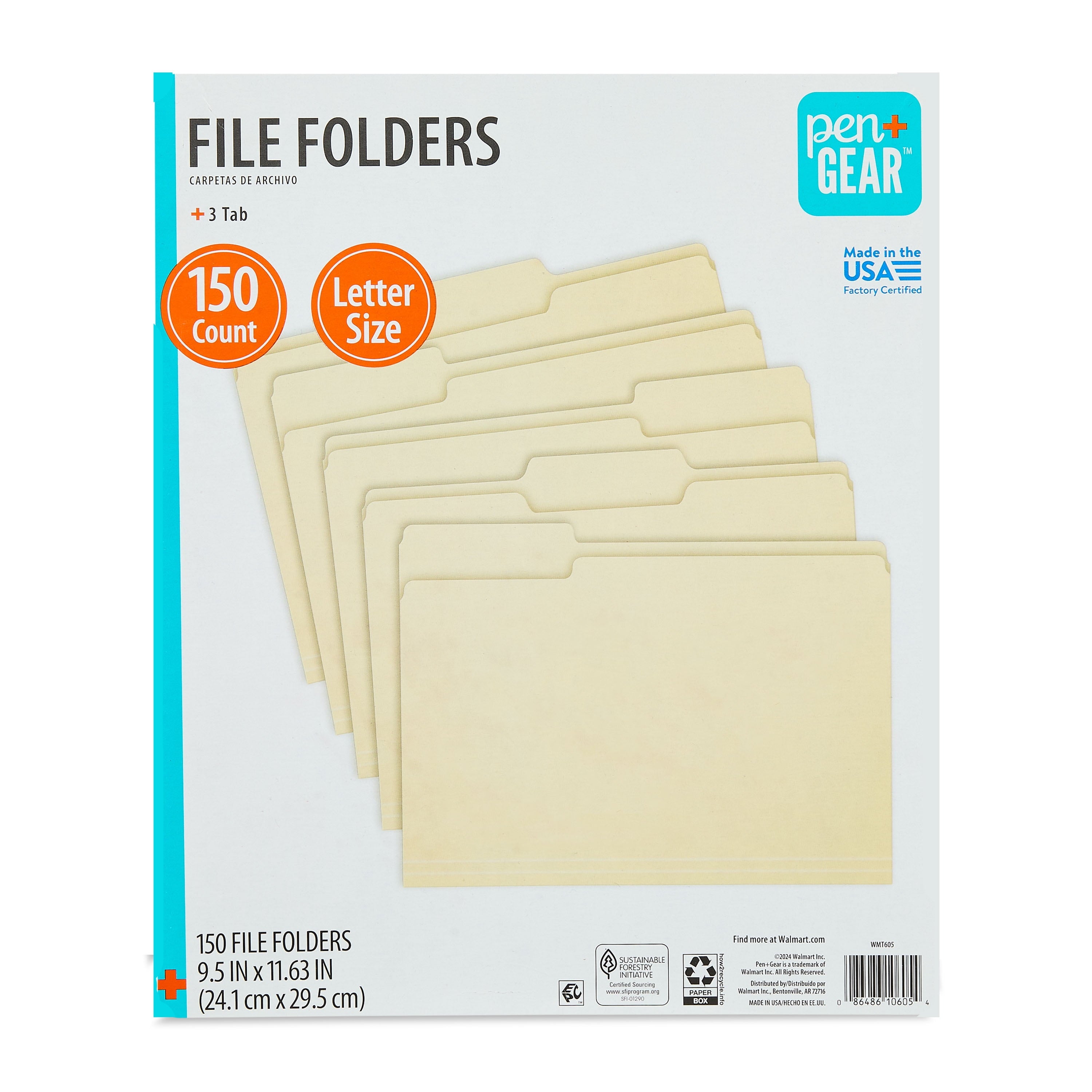 (4 Pack)  File Folders, Letter, Manila, 1/3 Cut, 150 Count