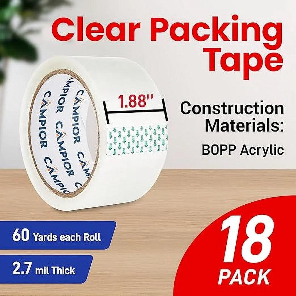 Clear Packing Tape - Heavy Duty Packaging Tape for Shipping, Packaging, and Sealing, 1.88In X 60 Yards, 2.7Mil Thick, for Personal and Professional Use, Thick Clear Packing Tape, 18 Tape Rolls