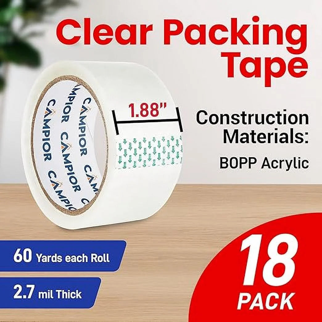 Clear Packing Tape - Heavy Duty Packaging Tape for Shipping, Packaging, and Sealing, 1.88In X 60 Yards, 2.7Mil Thick, for Personal and Professional Use, Thick Clear Packing Tape, 18 Tape Rolls