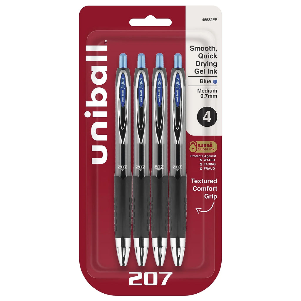 Uni-Ball UBC45532PP 0.7 Mm 207 Gel Pen, Blue - Pack of 4