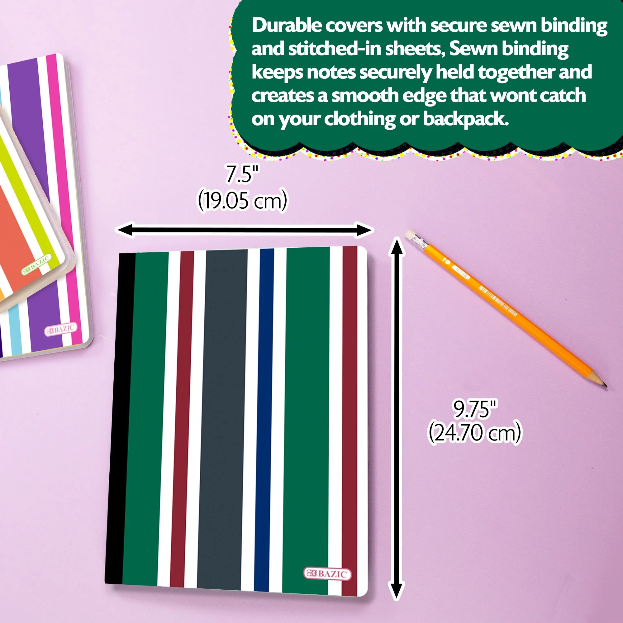 BAZIC Stripes Composition Book College Ruled 100 Sheet, Assorted Color, 6-Pack