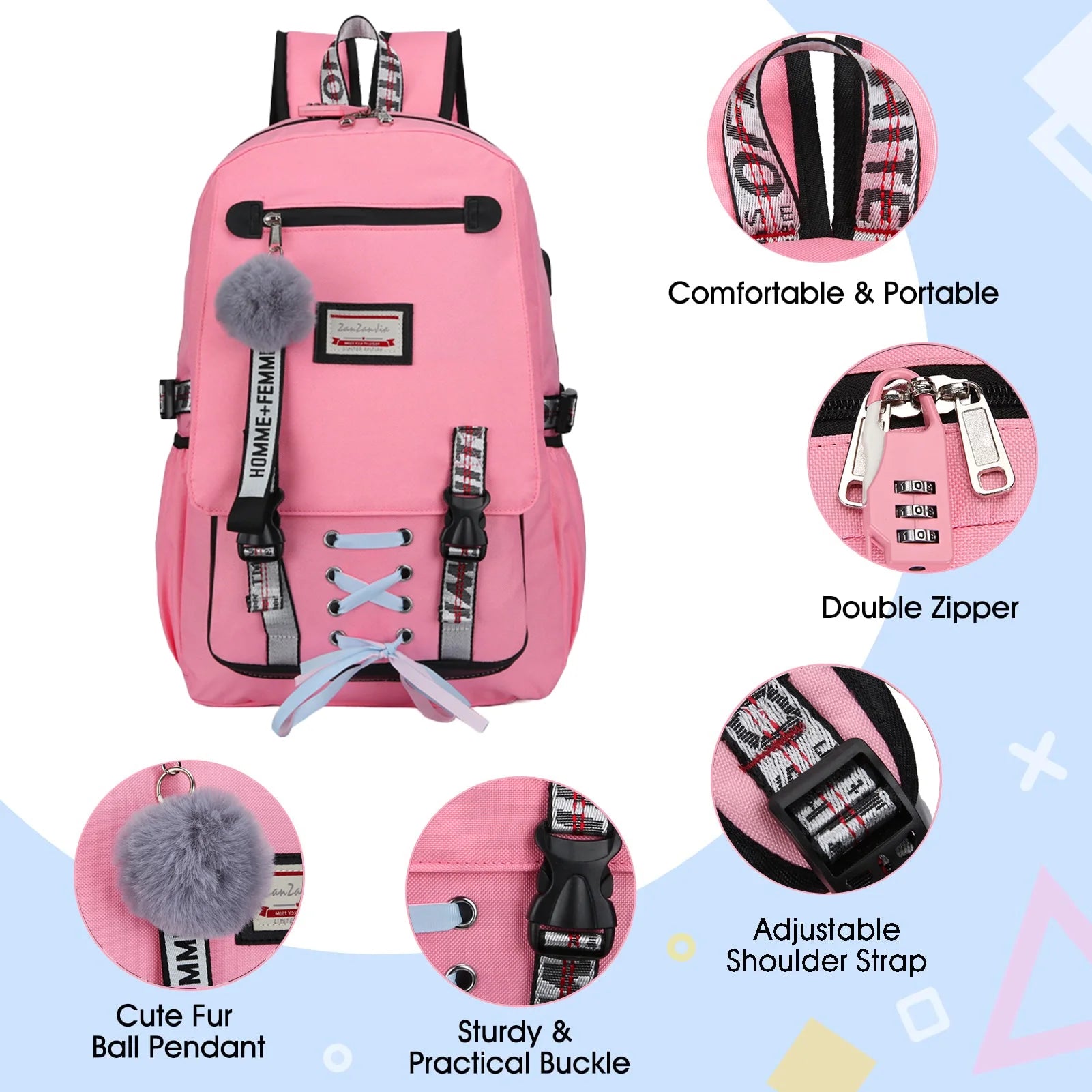 Fashion Teenage School Backpack Student Middle School Bag Men and Women Anti-Theft Laptop Backpack with USB Charging Port (Pink), One Size