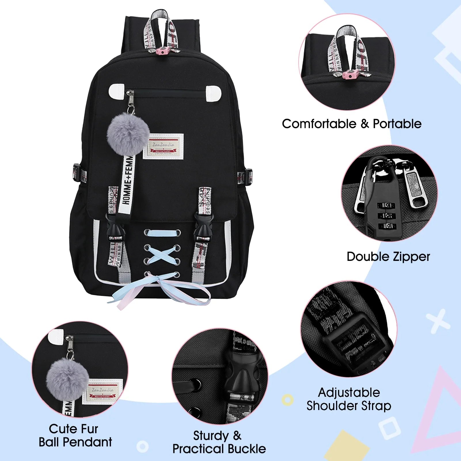 Fashion Teenage Backpack Student Middle School Bag Men and Women Anti-Theft Laptop Backpack with USB Charging Port (Black), One Size