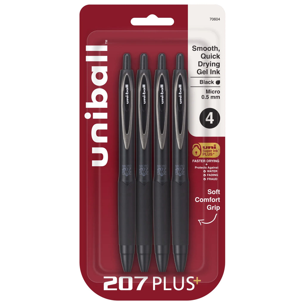 (4 Pack)  207 Plus+ Retractable Gel Pens, Micro Point (0.5Mm), Black Barrel, Black Ink, 4 Count