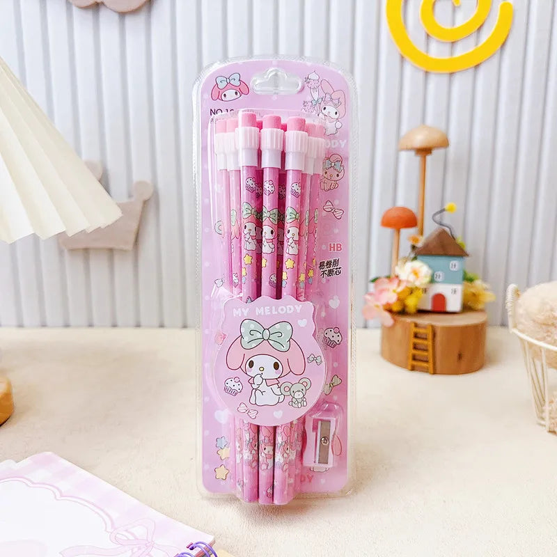 Cute Kuromi HB Pencil 12 Pencil and 1 Pencil Roller Stationery Box Set, Student Writing and Drawing HB Pencil Sketcher