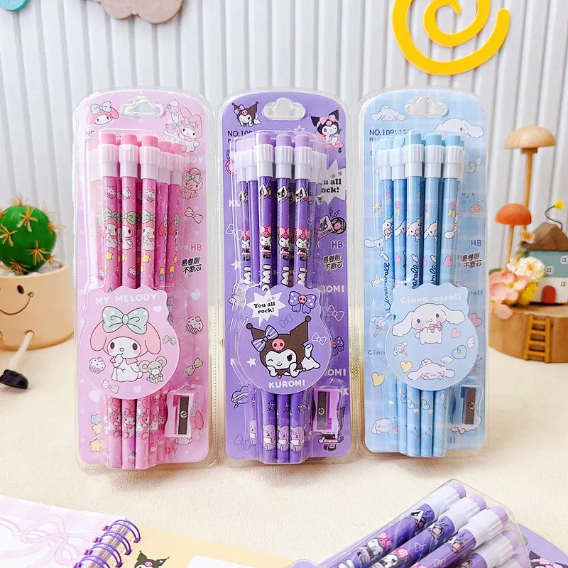 Cute Kuromi HB Pencil 12 Pencil and 1 Pencil Roller Stationery Box Set, Student Writing and Drawing HB Pencil Sketcher