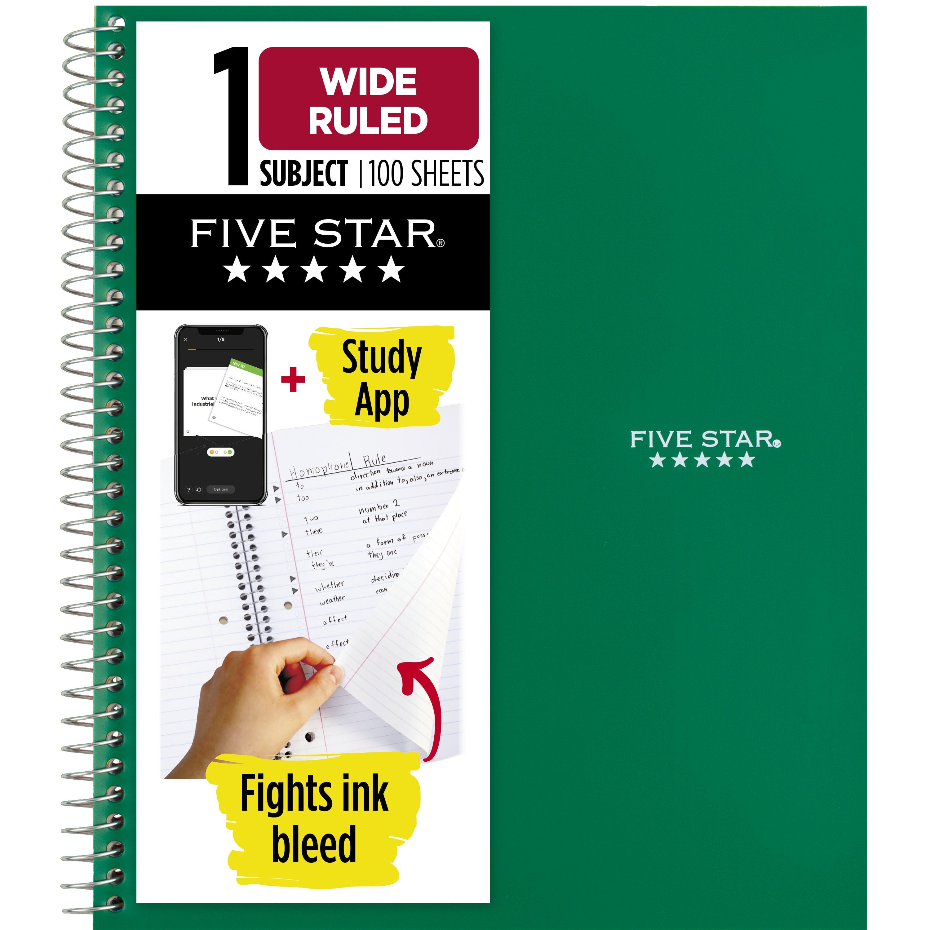 1 Subject Wide Ruled Notebook plus Study App, 8" X 10.5", Forest Green, Poly, Spiral, 100 Sheets