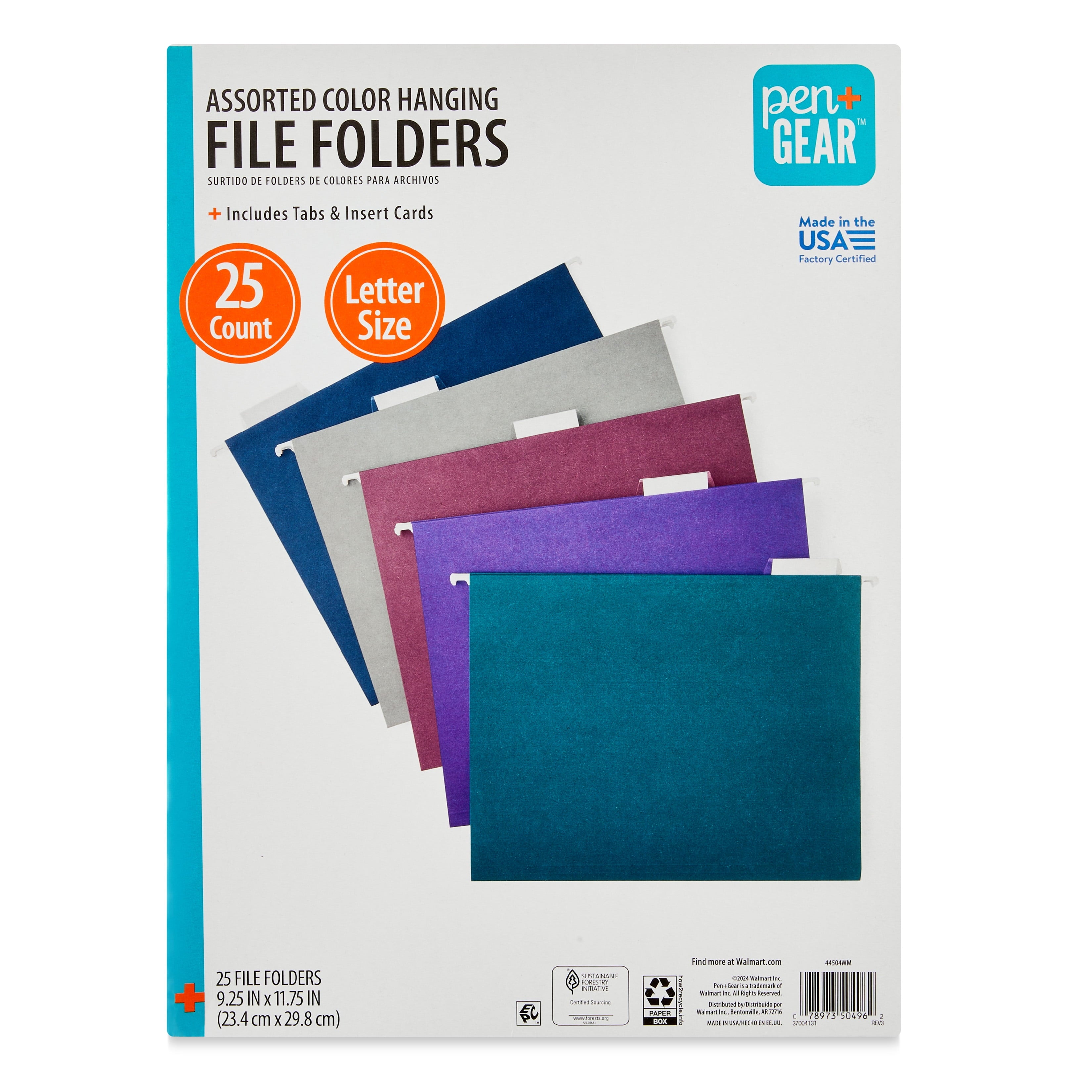 Assorted Jewel Tone Hanging File Folders, Letter Size, 1/5 Cut Tabs and Inserts, Box of 25