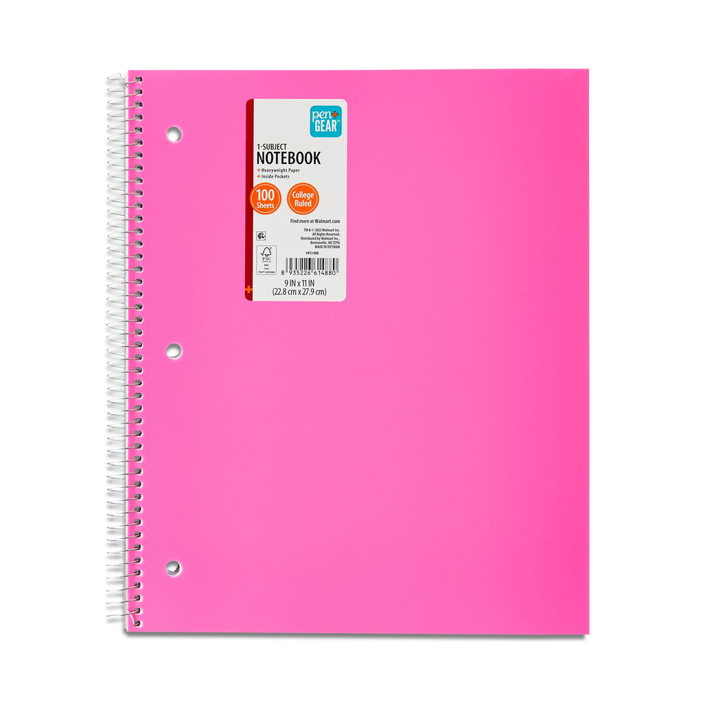 College Ruled Poly 1-Subject Notebook with inside Pockets, 9" X 11", Pink, 100 Heavyweight Sheets