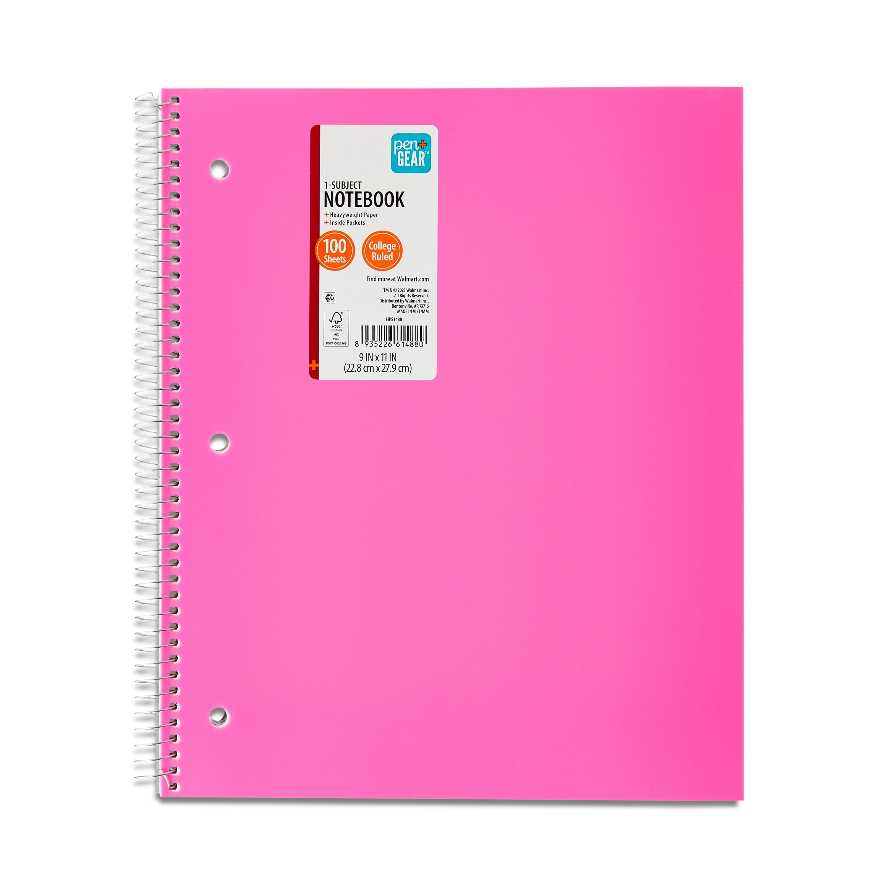 College Ruled Poly 1-Subject Notebook with inside Pockets, 9" X 11", Pink, 100 Heavyweight Sheets