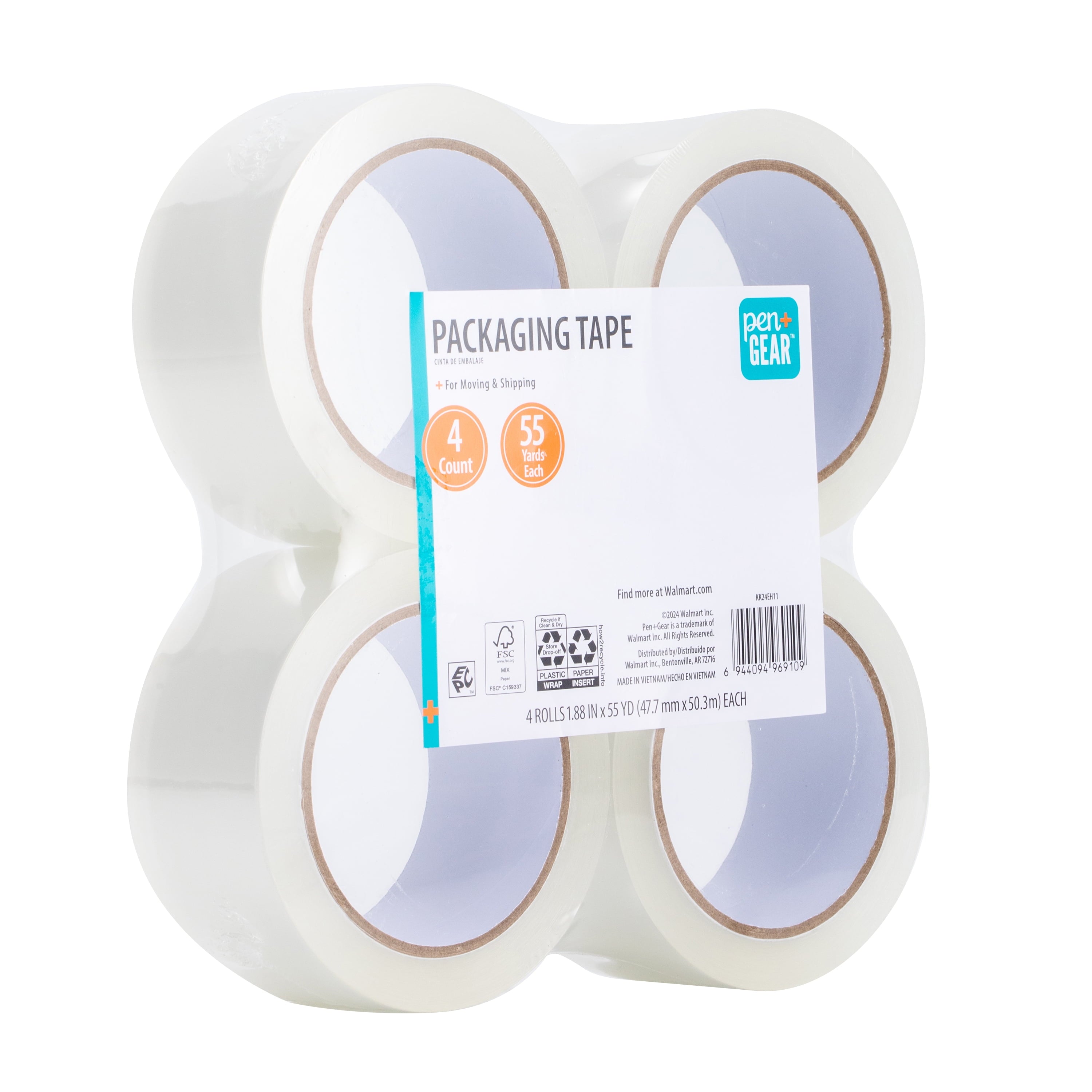 Packing Tape, Clear, 1.88 in X 55 Yds, 4 Rolls