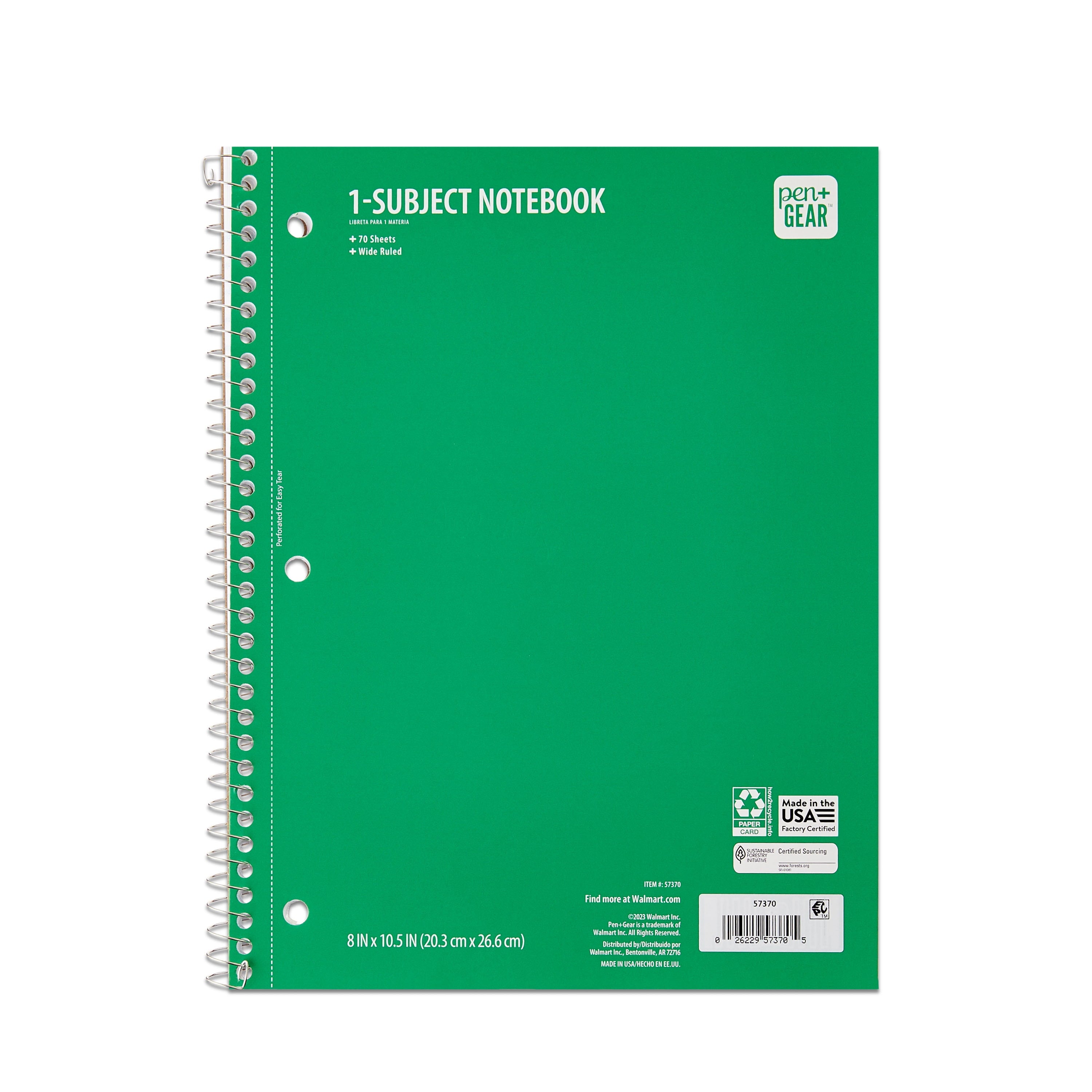Pen + Gear Wide Ruled 1-Subject Notebook, 10.5” X 8”, Green, 70 Pages