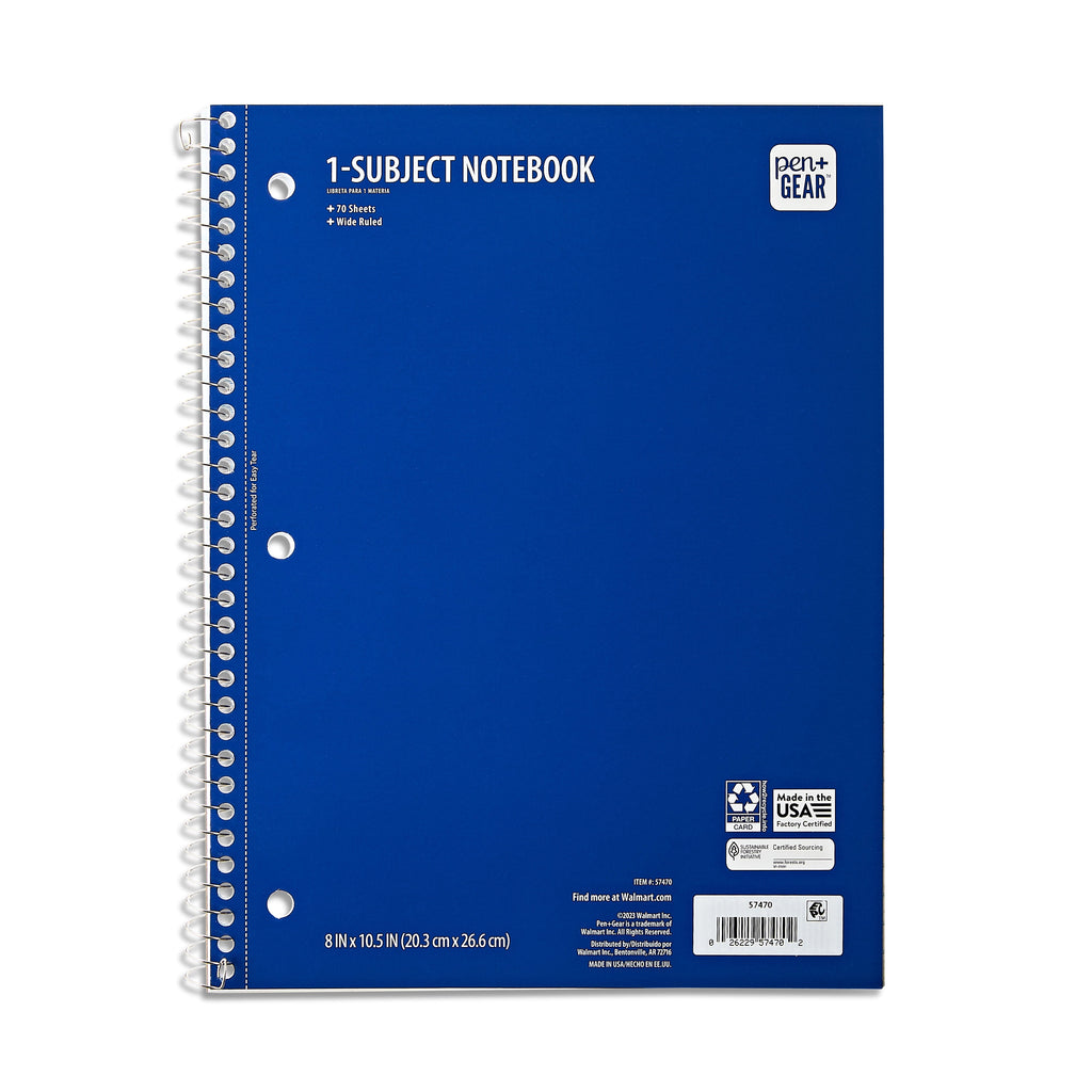 Wide Ruled 1-Subject Notebook, 8" X 10.5", Blue, 70 Sheets