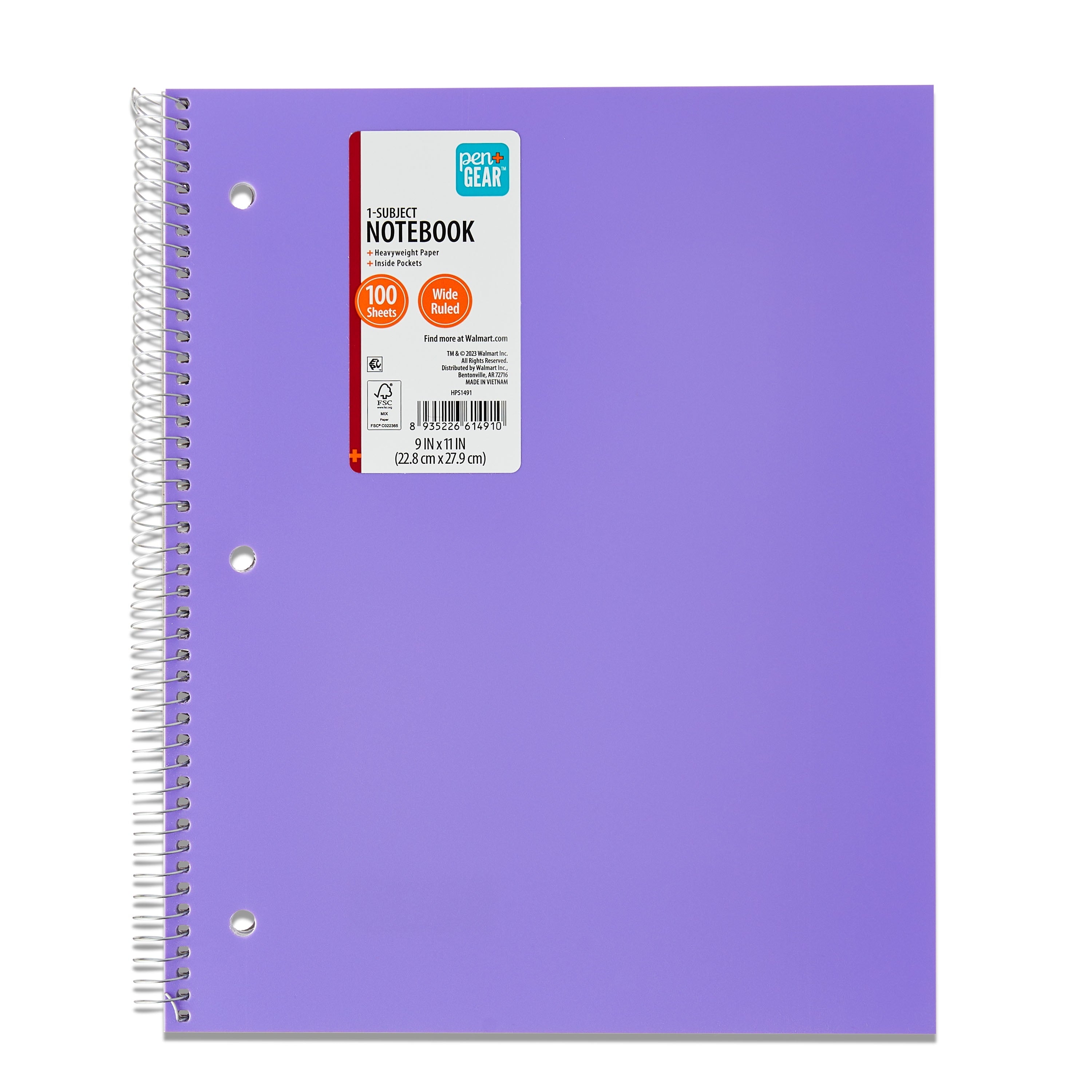 Pen + Gear Wide Ruled Poly 1-Subject Notebook with inside Pockets, 9" X 11", Purple, 100 Heavyweight Sheets