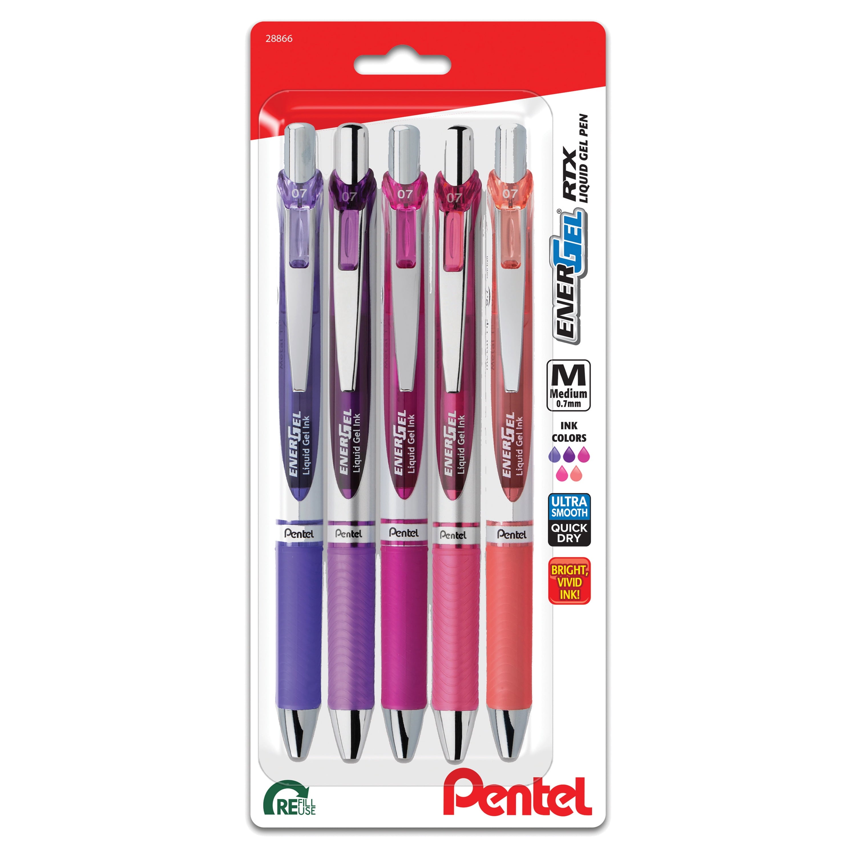 Energel RTX Liquid Ink Gel Pens, Passion Hue Barrels, Medium Point, 0.7Mm, Assorted Ink, Pack of 5 Pens