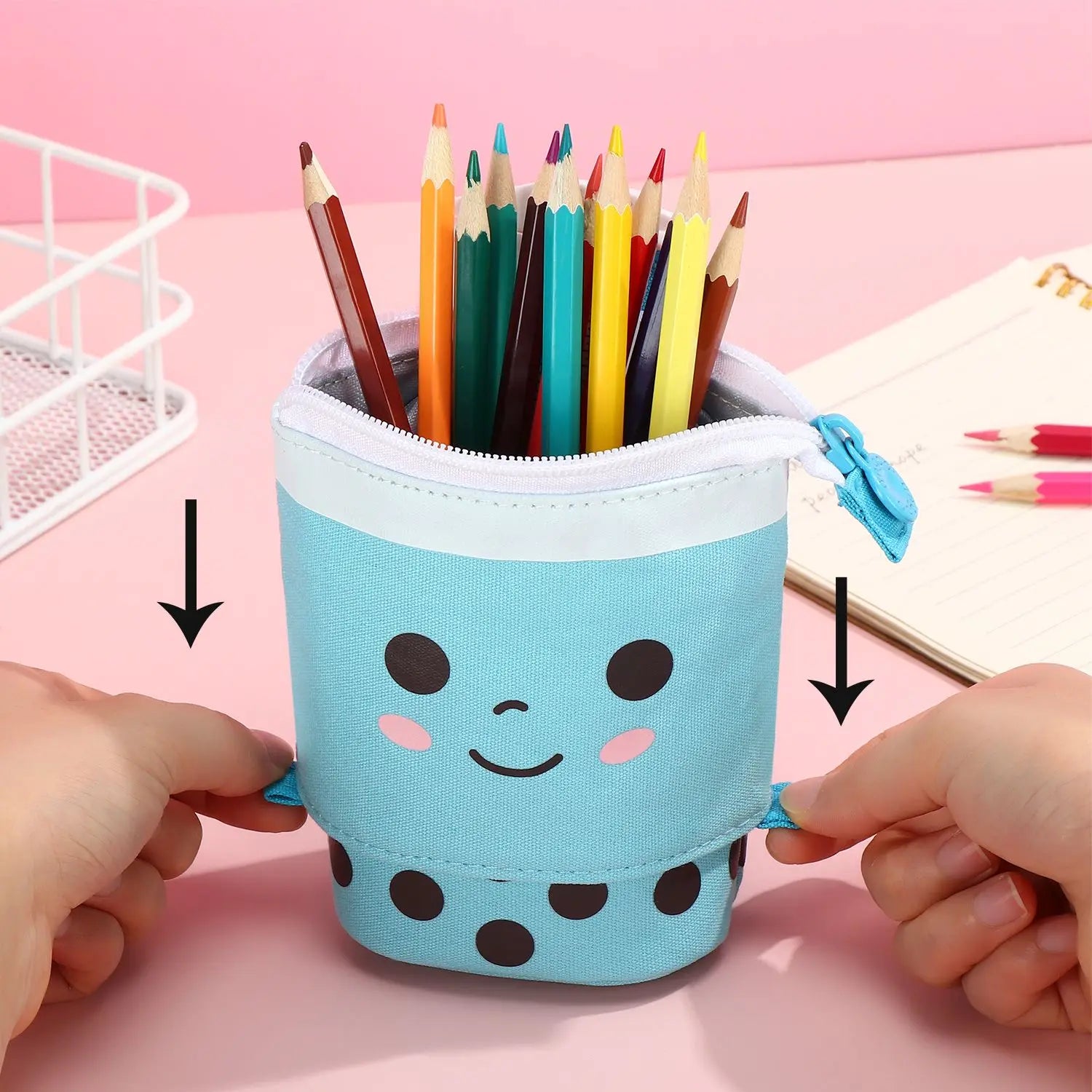 Cute Retractable Boba Milk Tea Pencil Case Organizer - Pink (1Pc)