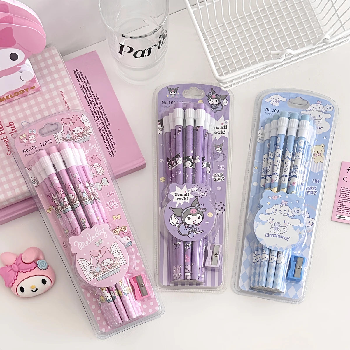 Sanrio 12Pc Kawaii HB Pencil Set – Kuromi, Cinnamoroll & Box for Writing