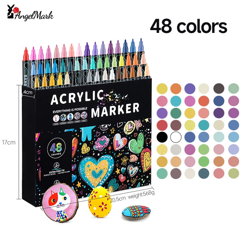 AngelMark Acrylic Marker Pen Double Headed Waterproof Art Painting Supplies School Stationary Graffiti Drawing12-72Colors