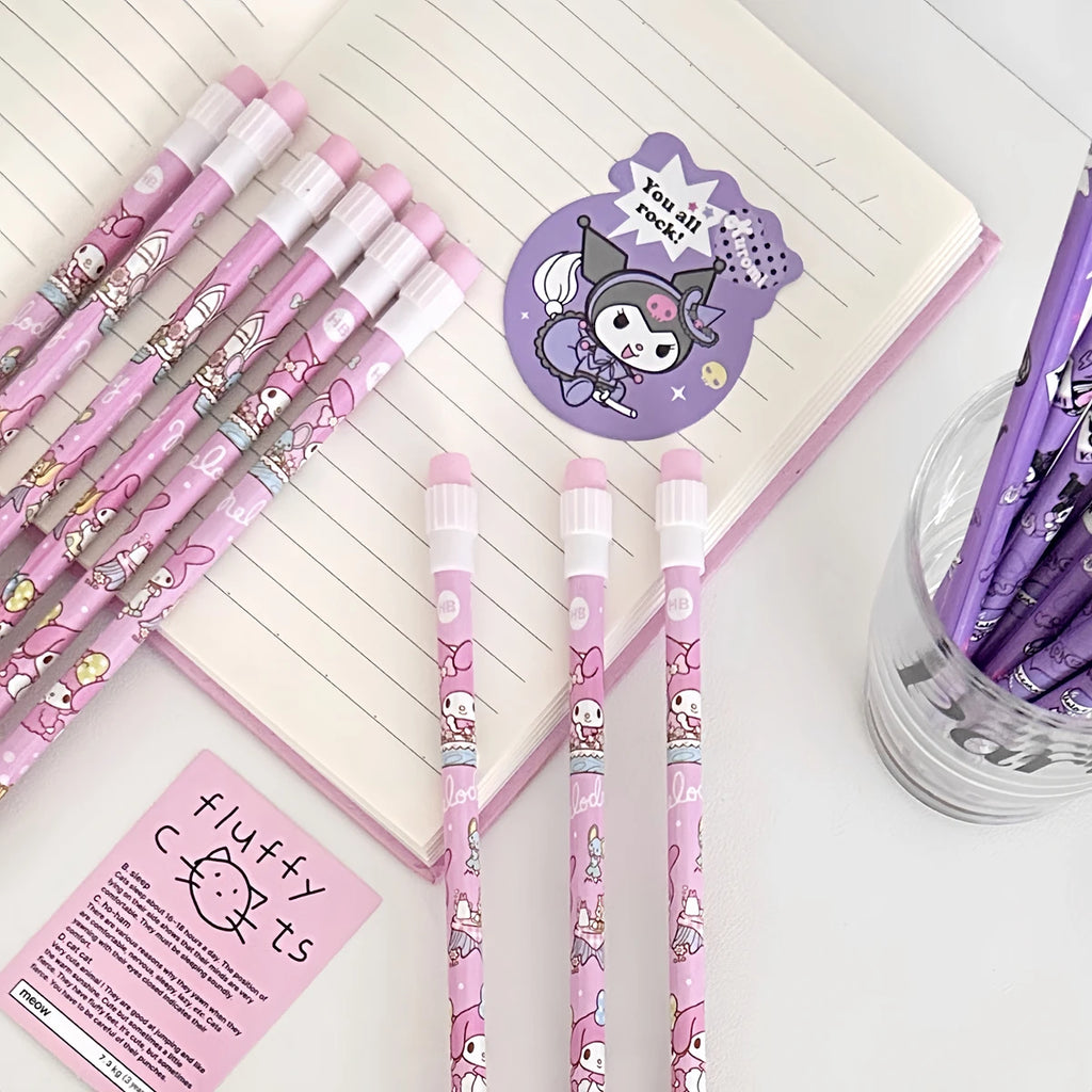 Sanrio 12Pc Kawaii HB Pencil Set – Kuromi, Cinnamoroll & Box for Writing