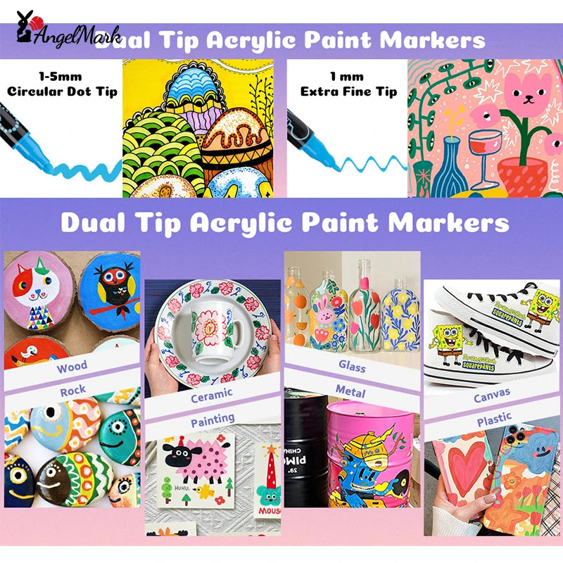 AngelMark Acrylic Marker Pen Double Headed Waterproof Art Painting Supplies School Stationary Graffiti Drawing12-72Colors