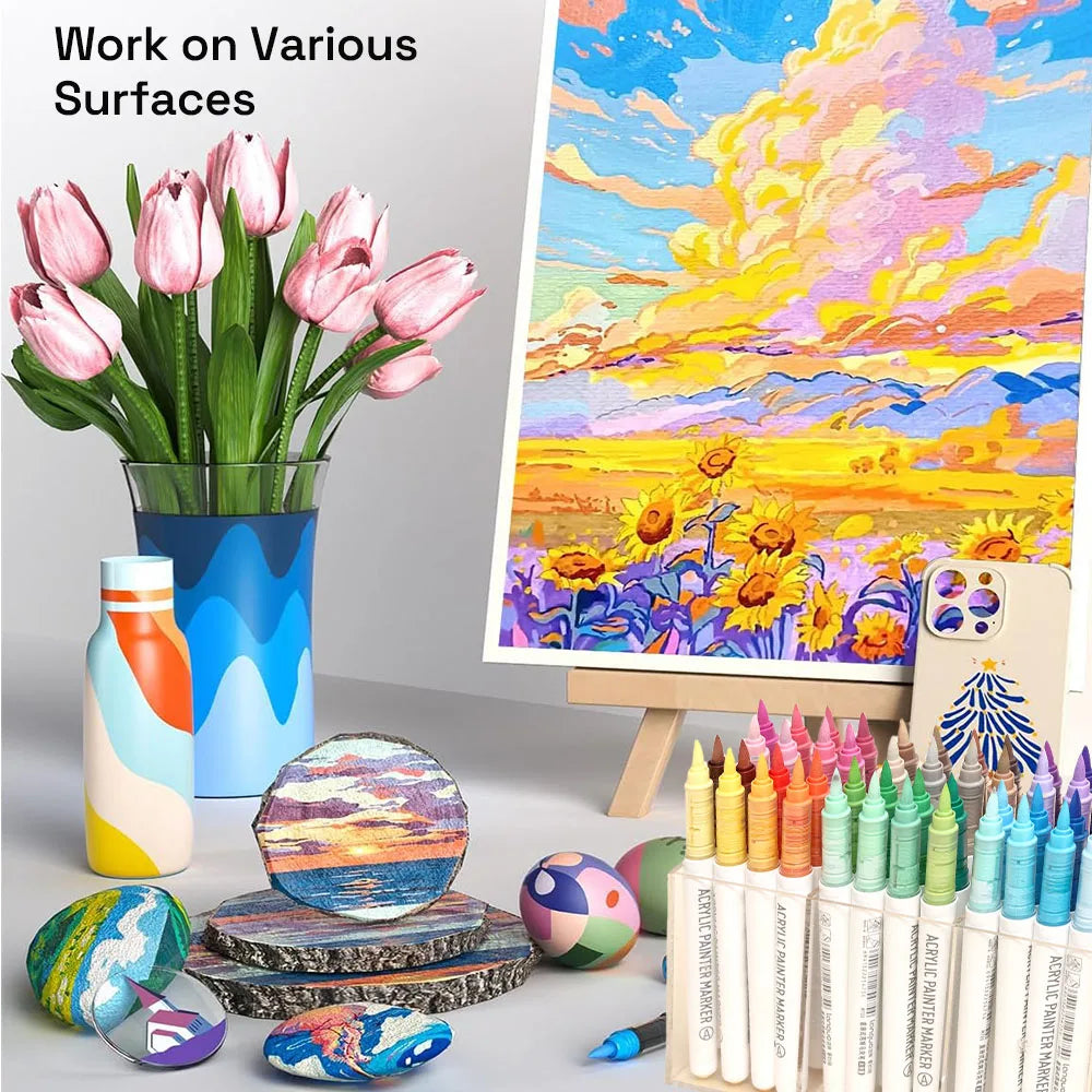 Automatic Ink Control Acrylic Paint Markers, 9 pcs Brush Tip Acrylic Paint Pens set with 7 professional color series