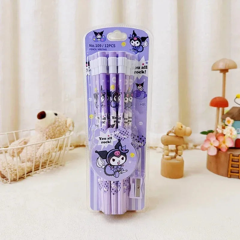 12pcs Cinnamorolls Kuromis Cute Cartoon HB Pencils, 12 Pencils & 1 Pencil Roller Stationery Box Set, Writing & Drawing
