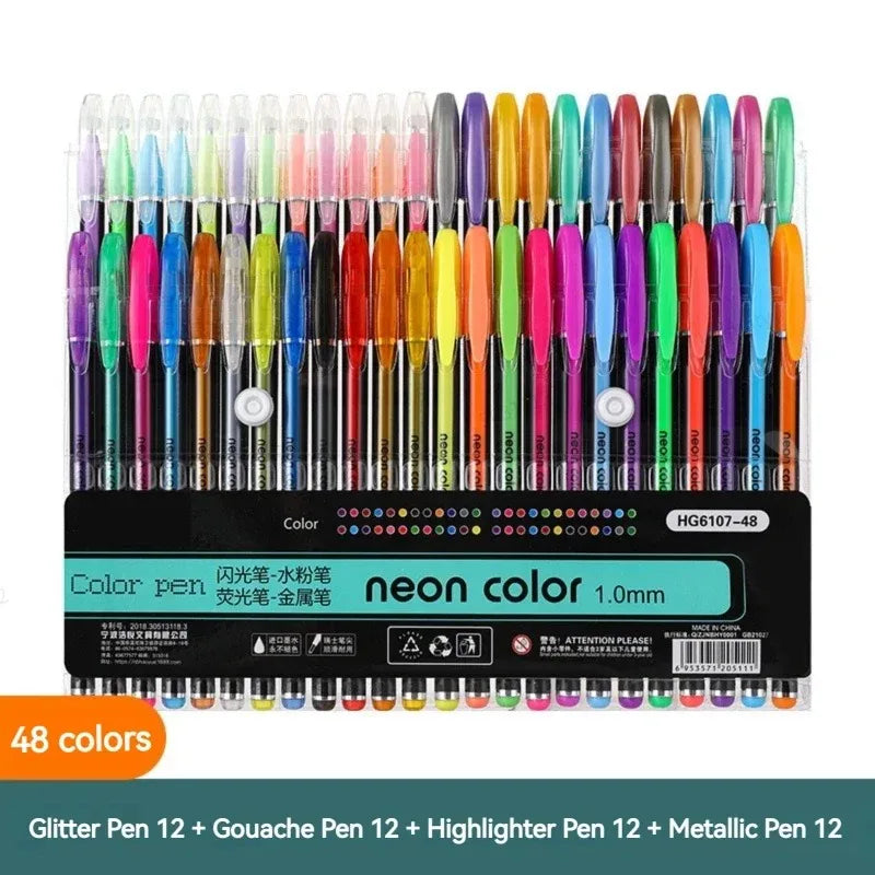 12-60Pcs Metallic Glitter Colors Gel Pens & Pen Refills For School Office Adult Coloring Book Journals Drawing Art Markers
