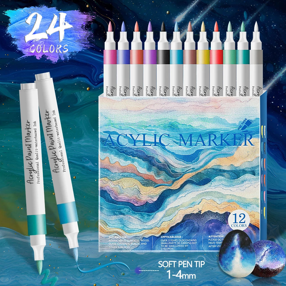 12/24 Colors Soft Headed Different Color Acrylic Marker Pen, Color Art Graffiti Pen, Waterproof, Opaque, Water-Based Soft Headed